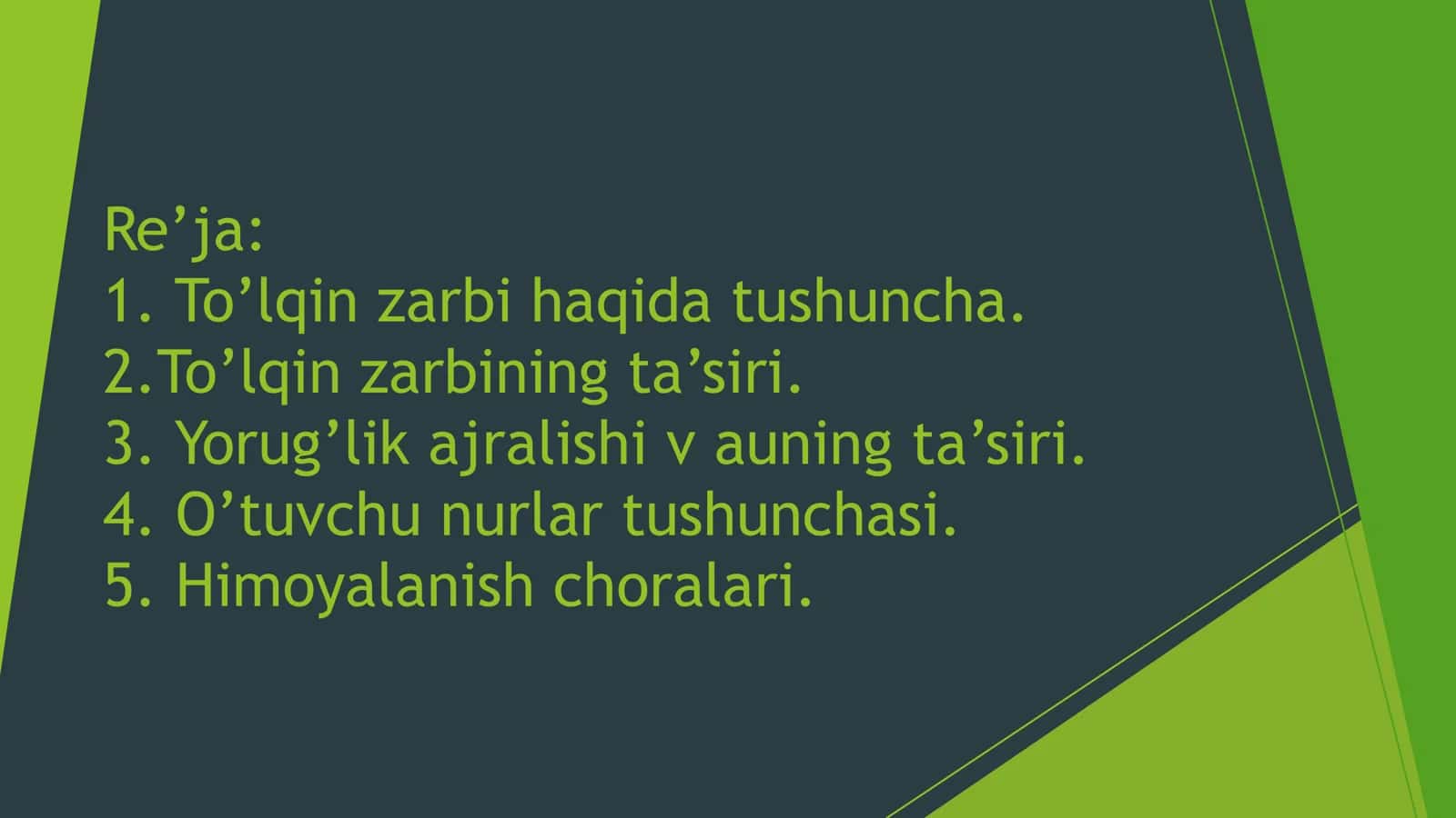 To’lqin zarbi. Jabrlanish zonalari tavsifi. Yorug’lik  ajralishi. O’tuvchi nurlar. 2