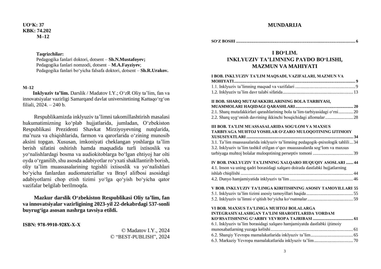 Inklyuziv ta’lim. Darslik / Madatov I.Y 2
