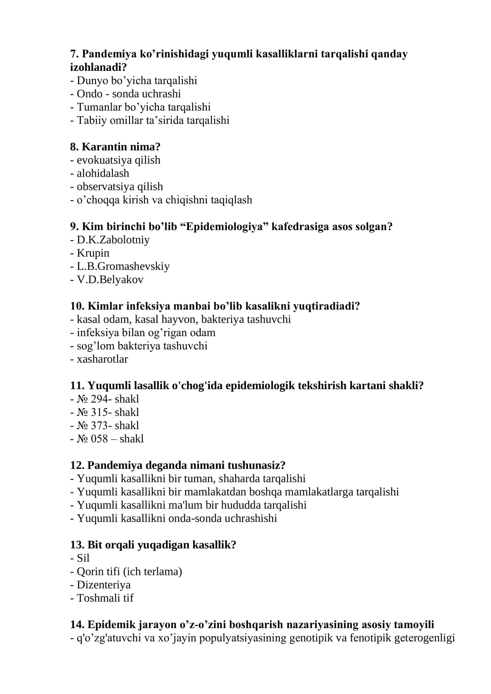 Tibbiy-profilaktika ishi (Epidemiolog vrach yordamchilari uchun) mutaxassisligi bo'yicha shakllantirilgan test savollari ro'yxati 2