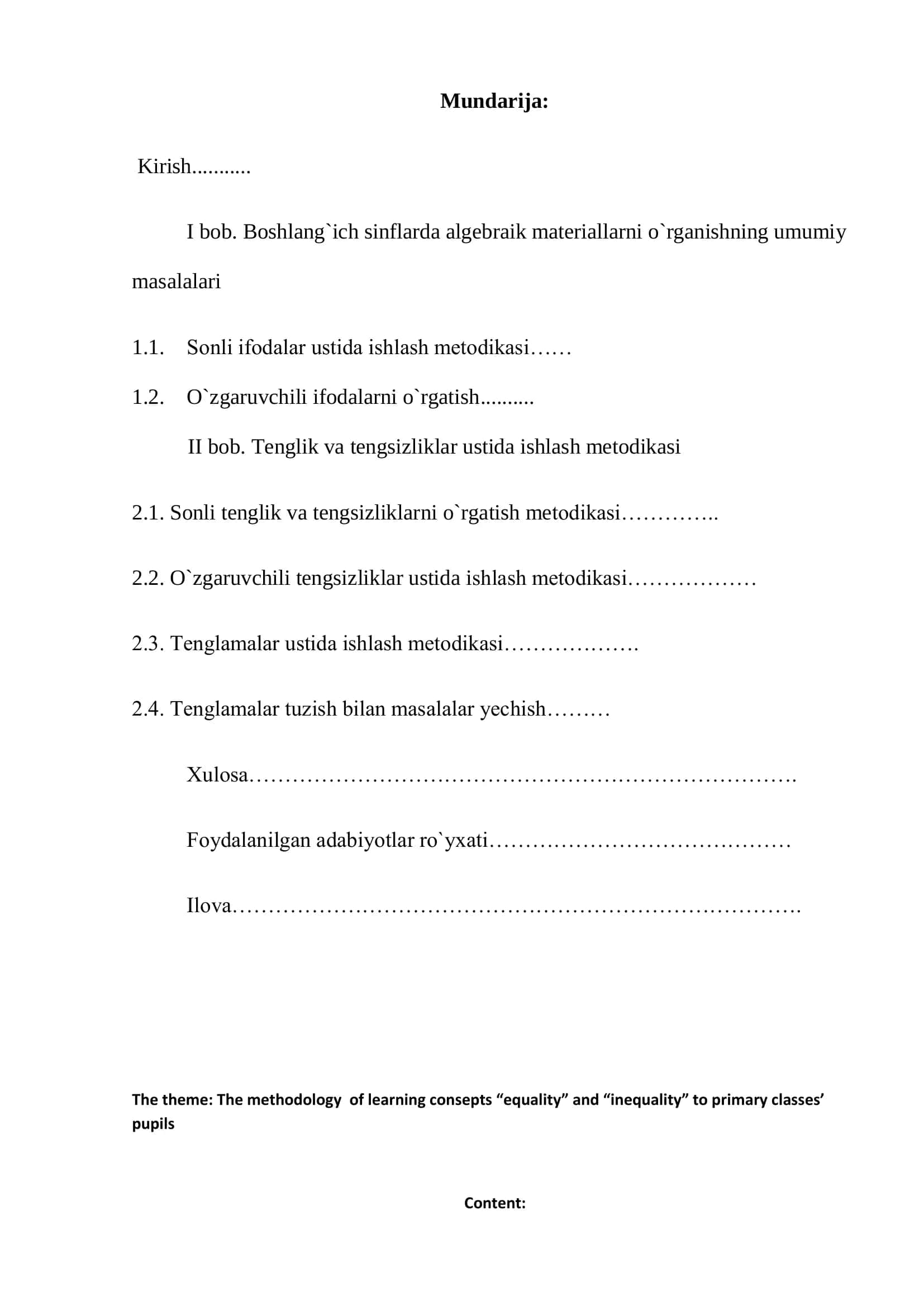 Boshlang`ich sinf o`quvchilariga tenglik va tengsizlik tushunchalarini o`rgatish metodikasi 2