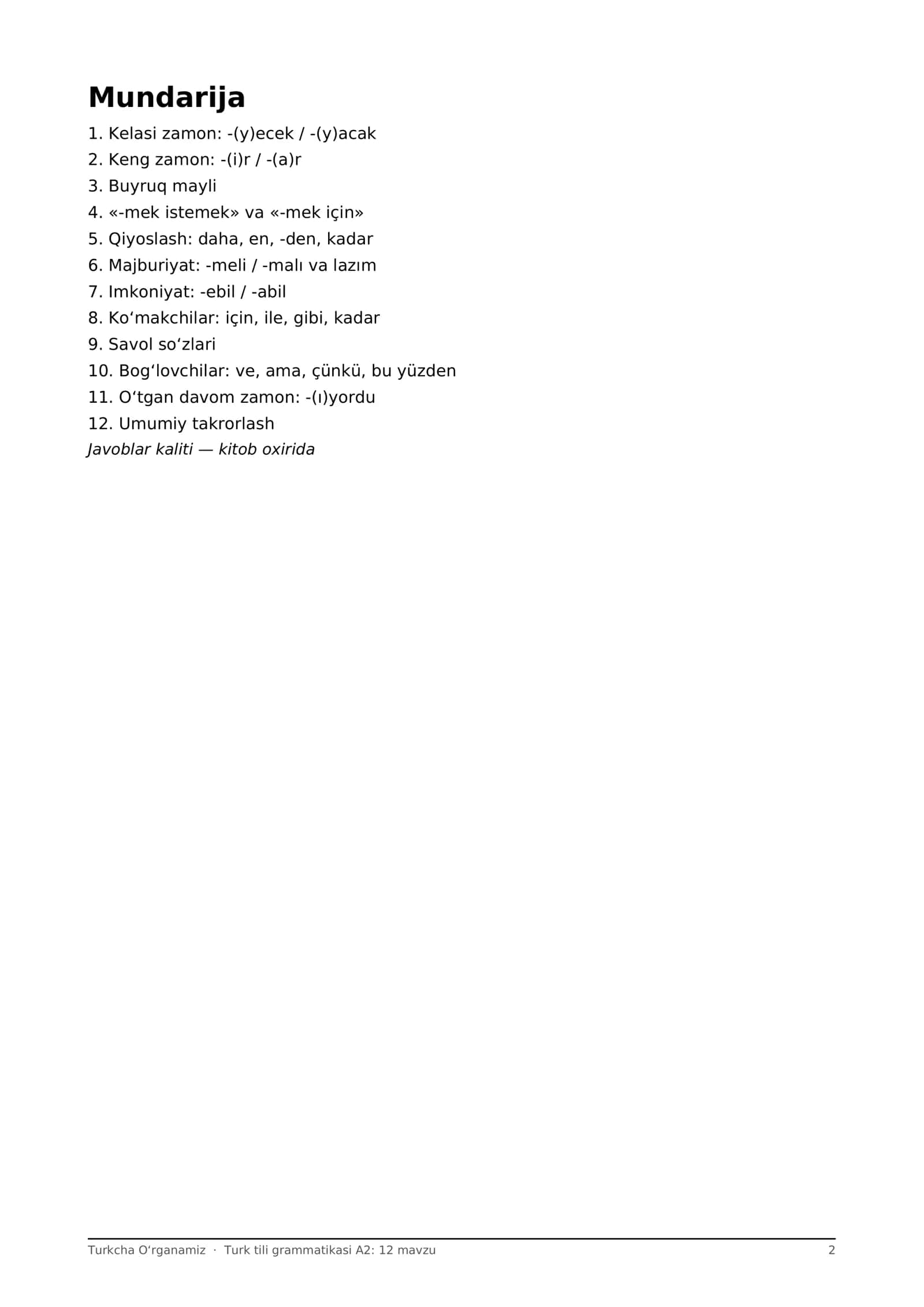 Turk tili grammatikasi A2: 12 mavzu, kelasi zamon, buyruq, qiyoslash + mashqlar (PDF) 2