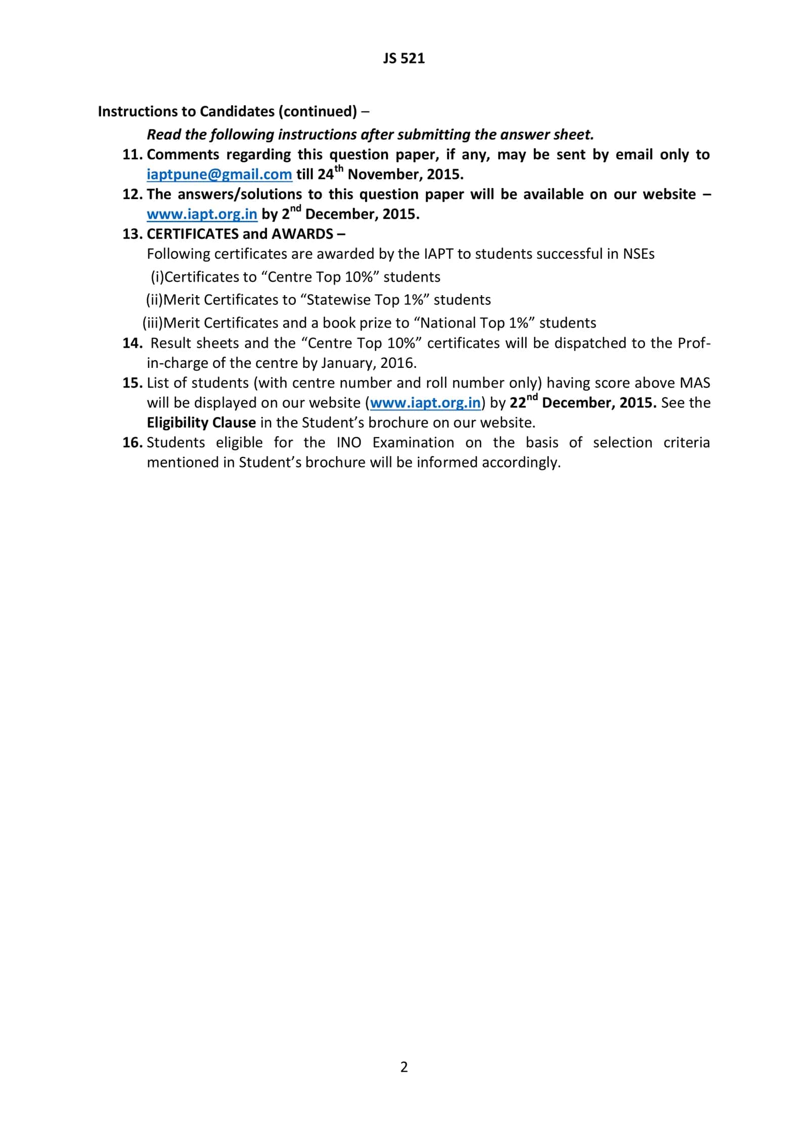 NATIONAL STANDARD EXAMINATION IN JUNIOR SCIENCE 2015 -16 2