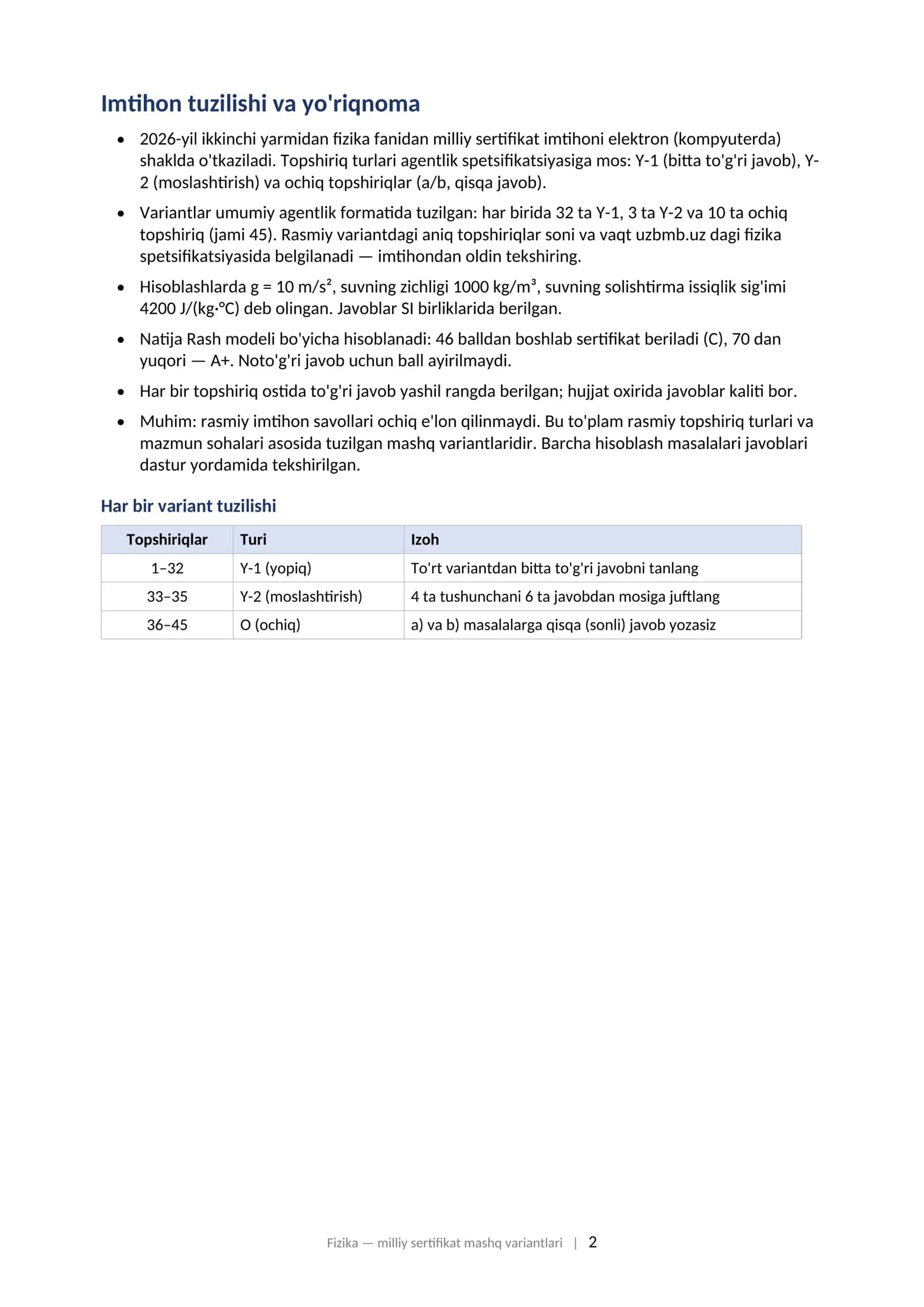 FIZIKA Milliy sertifikat imtihoniga tayyorgarlik: variantlar to'plami (2025–2026) 2
