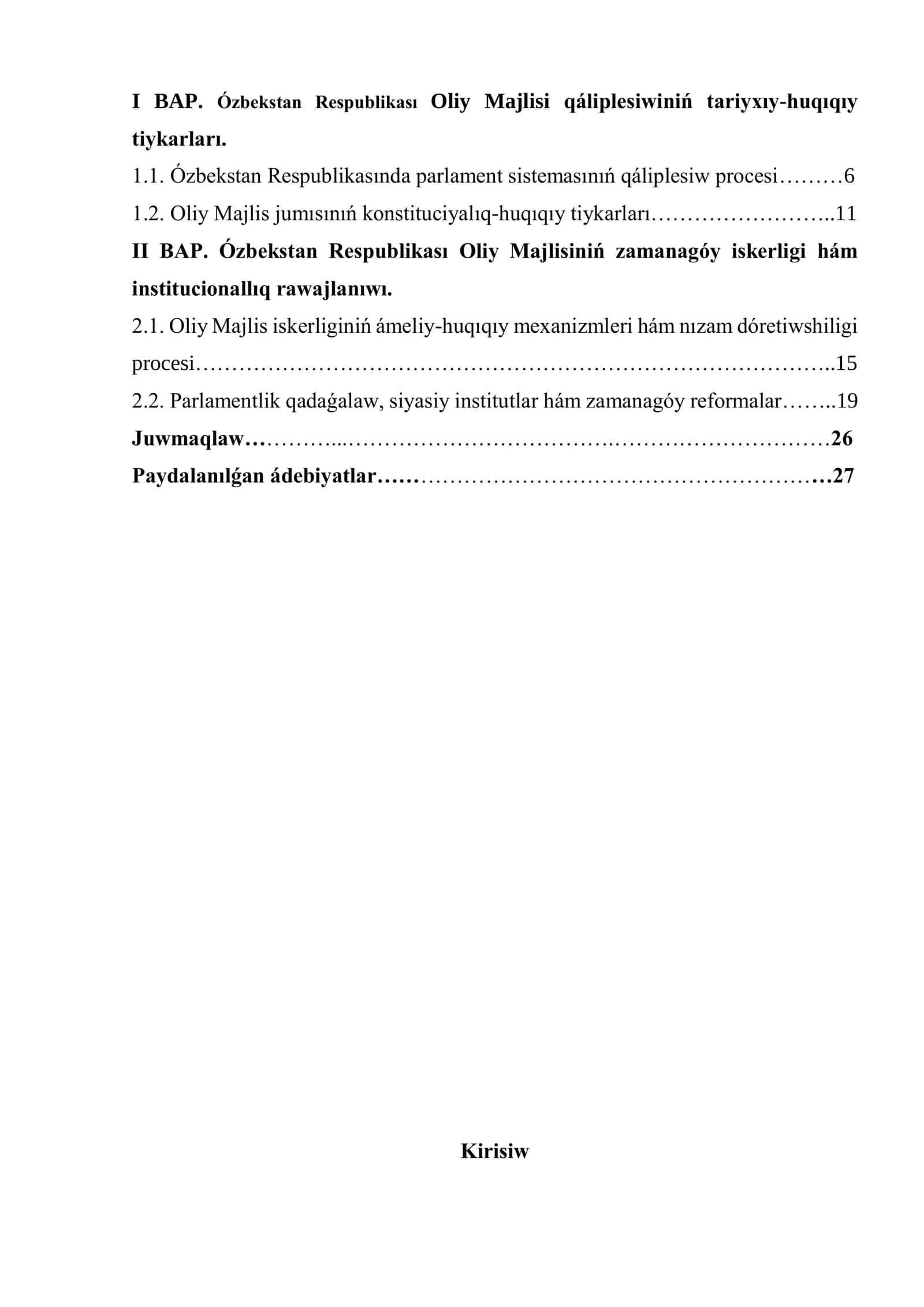 Ózbekstan Respublikası Oliy Majlisi qáliplesiwi 2