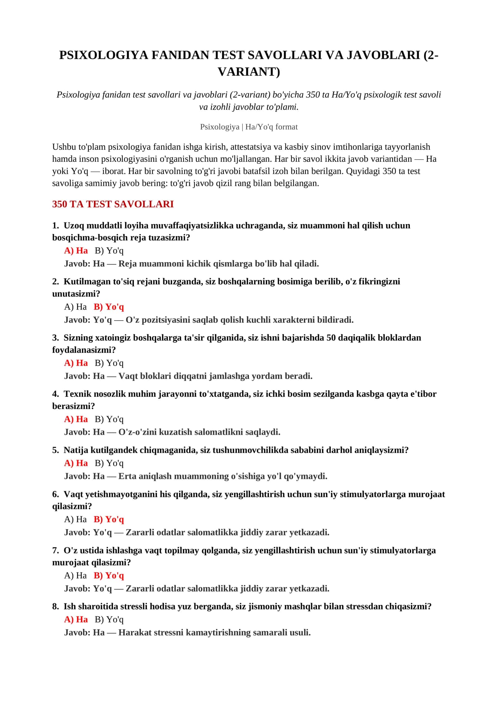 Psixologiya fanidan test savollari va javoblari (2-variant) 2