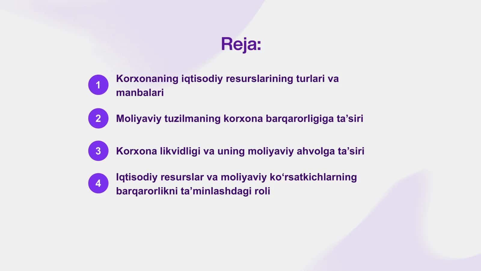 Korxonaning iqtisodiy resurslari, uning moliyaviy tuzilmasi, likvidligi, toifaga qobiliyatini moliyaviy ahvol va barqarorlikka ta’siri 2