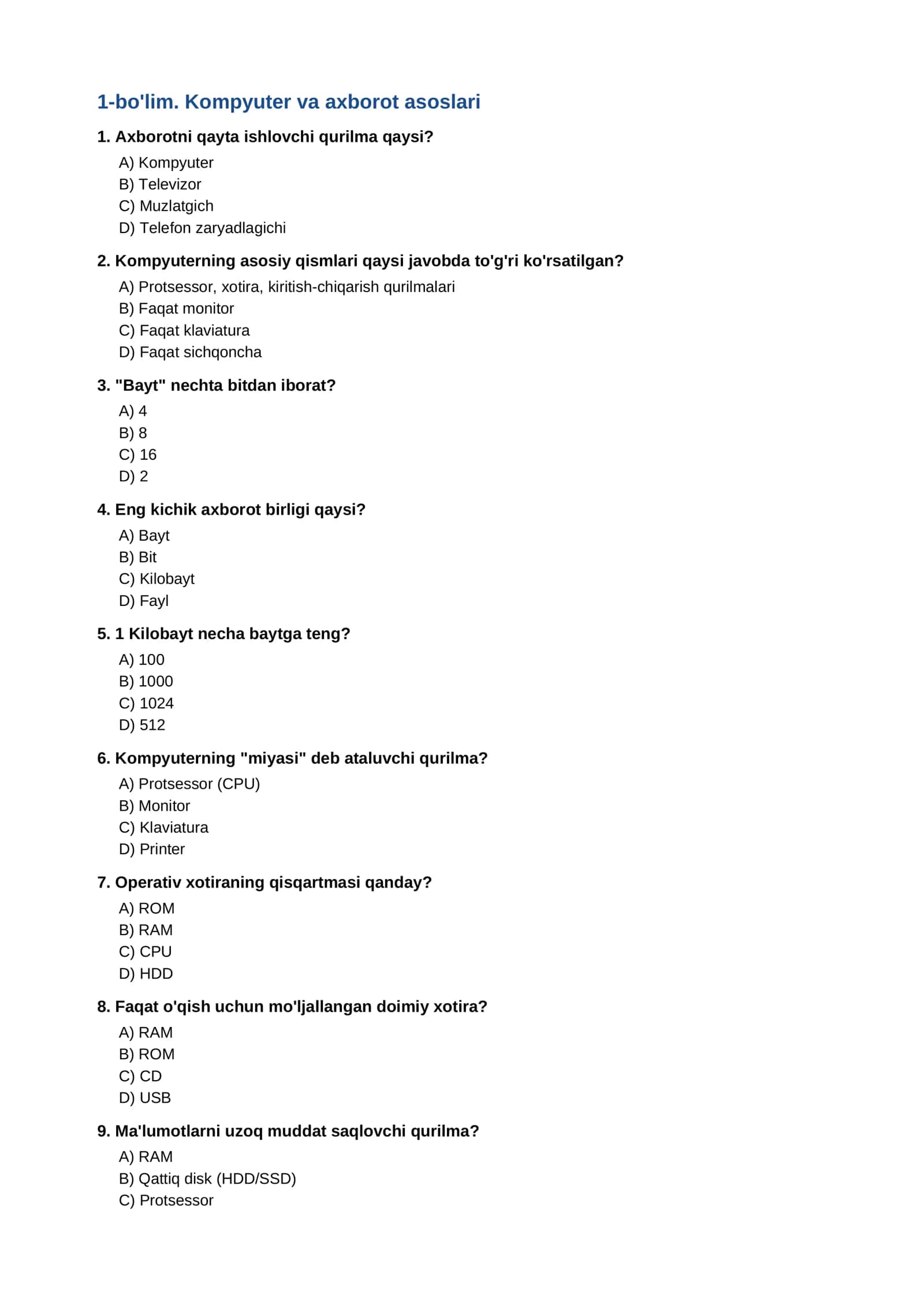 INFORMATIKA FANIDAN TEST TOPSHIRIQLARI 2