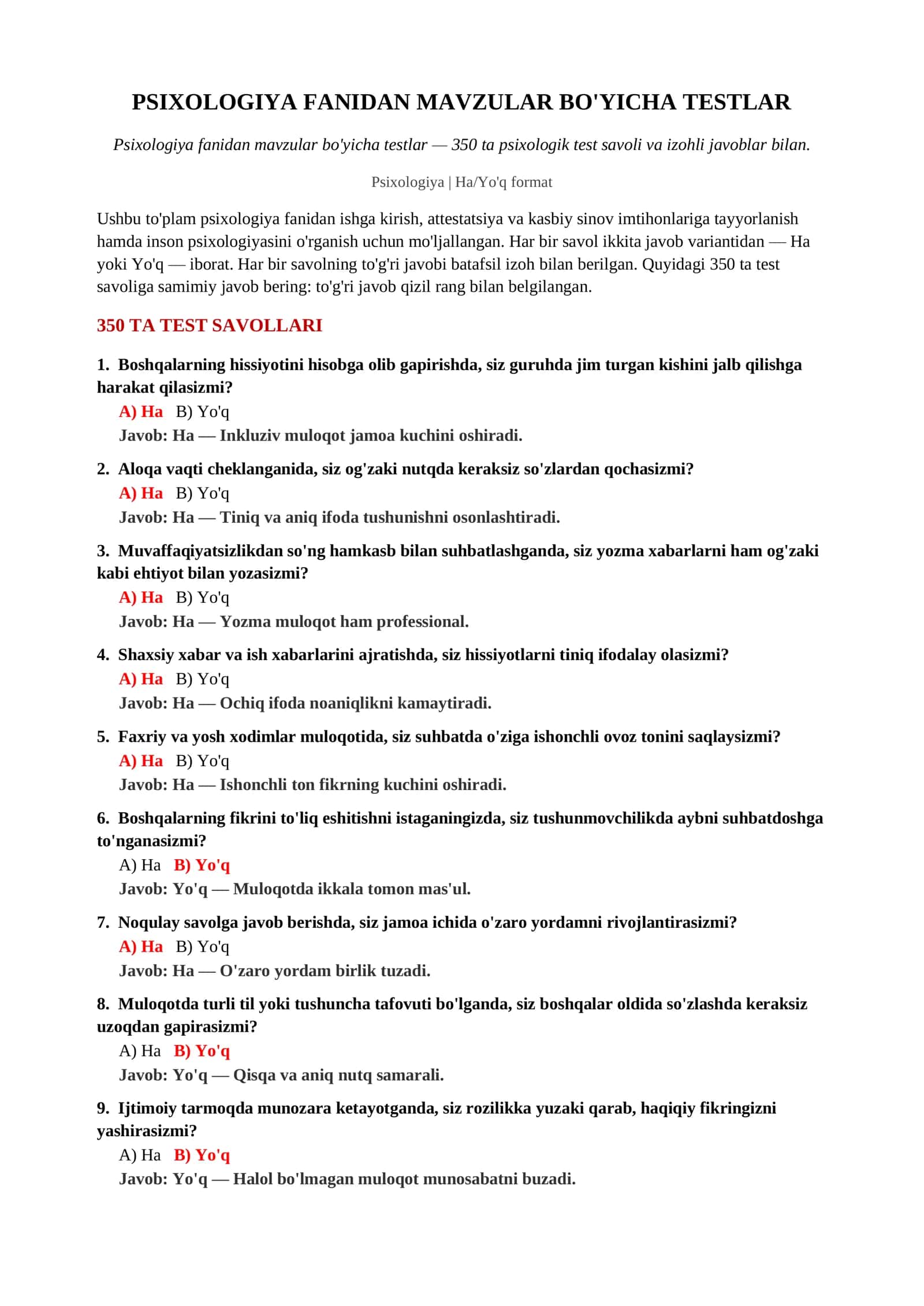 PSIHOLOGIYA FANIDAN MAVZULAR BO'YICHA TESTLAR 2