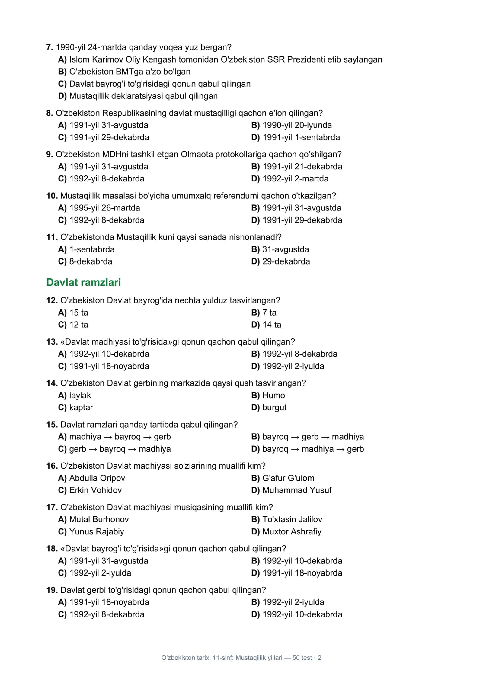 O'zbekiston tarixi 11-sinf: Mustaqillik yillari — 50 test 2