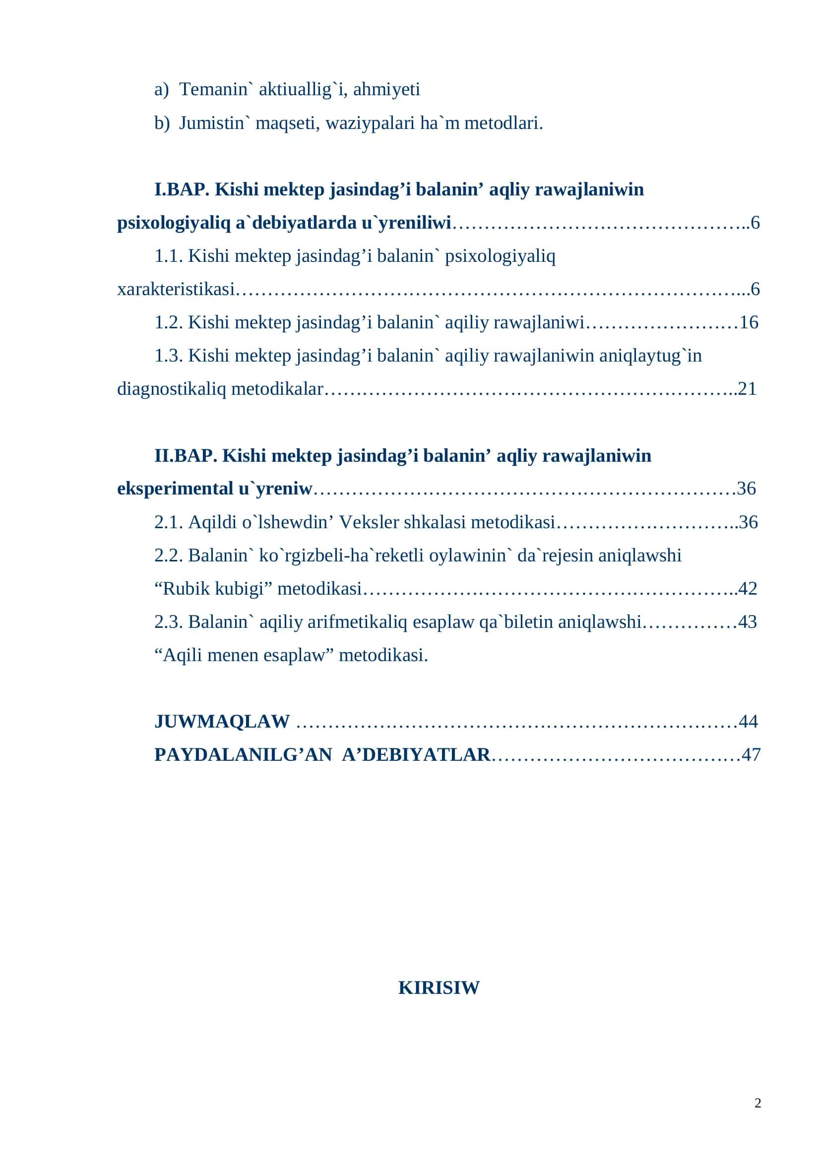 Kishi mektep jasındag’ı balanin’ aqliy rawajlaniwdin’ psixologiyaliq diagnostikasi 2