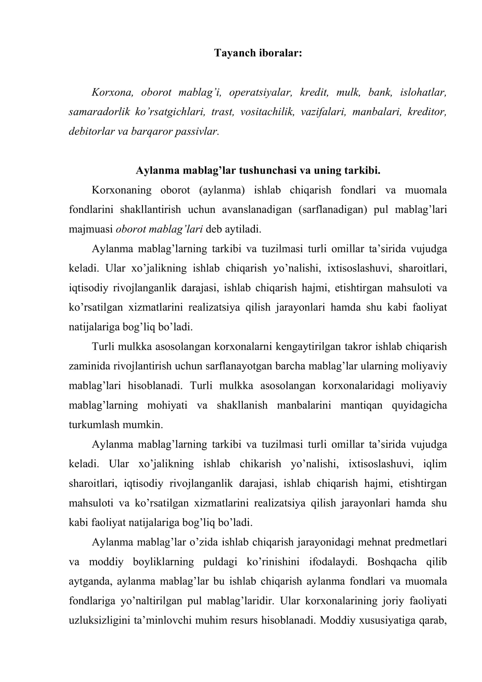 Aylanma mablag’lar va mijozlarning kreditga layoqatligini baholash usullari 2