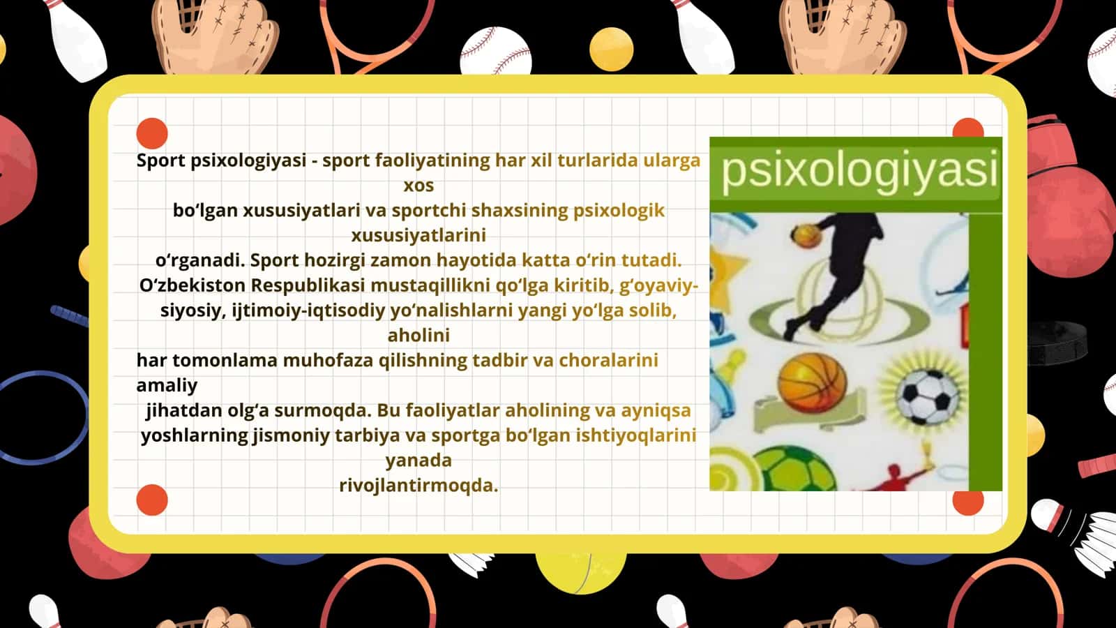 Sport psixologiyasi fani umumiy psixologiya fanining tarmog‘i, amaliy sohasi ekanligi hamda sportning nazariyasi, amaliyoti bilan bog‘liqligi 2