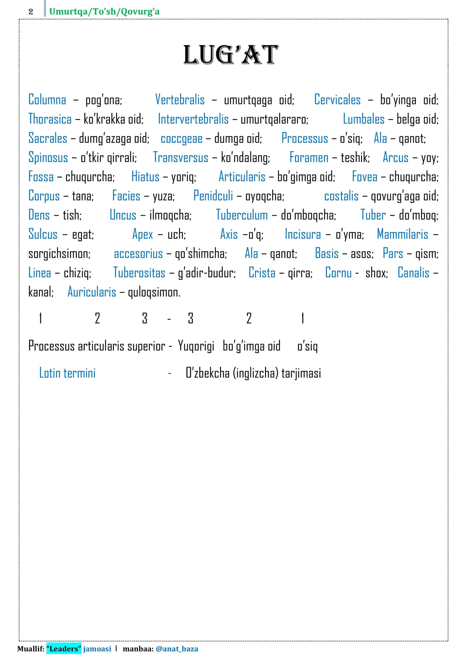 Umurtqa/To’sh/Qovurg’a 2