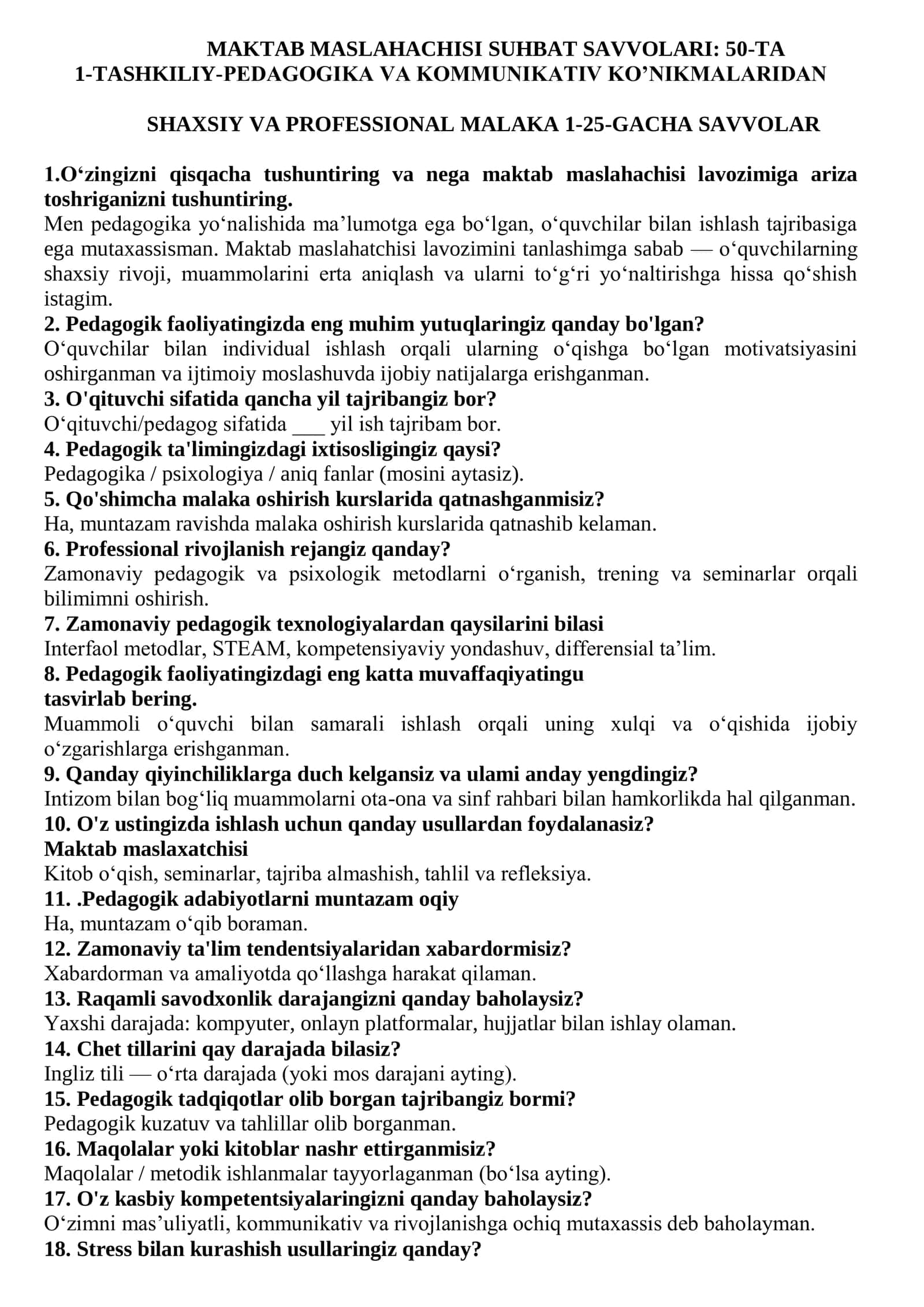 MAKTAB MASLAHATCHISI LAVOZIMIGA ISHGA KIRISH TEST SINOVLARI 50 TA 2
