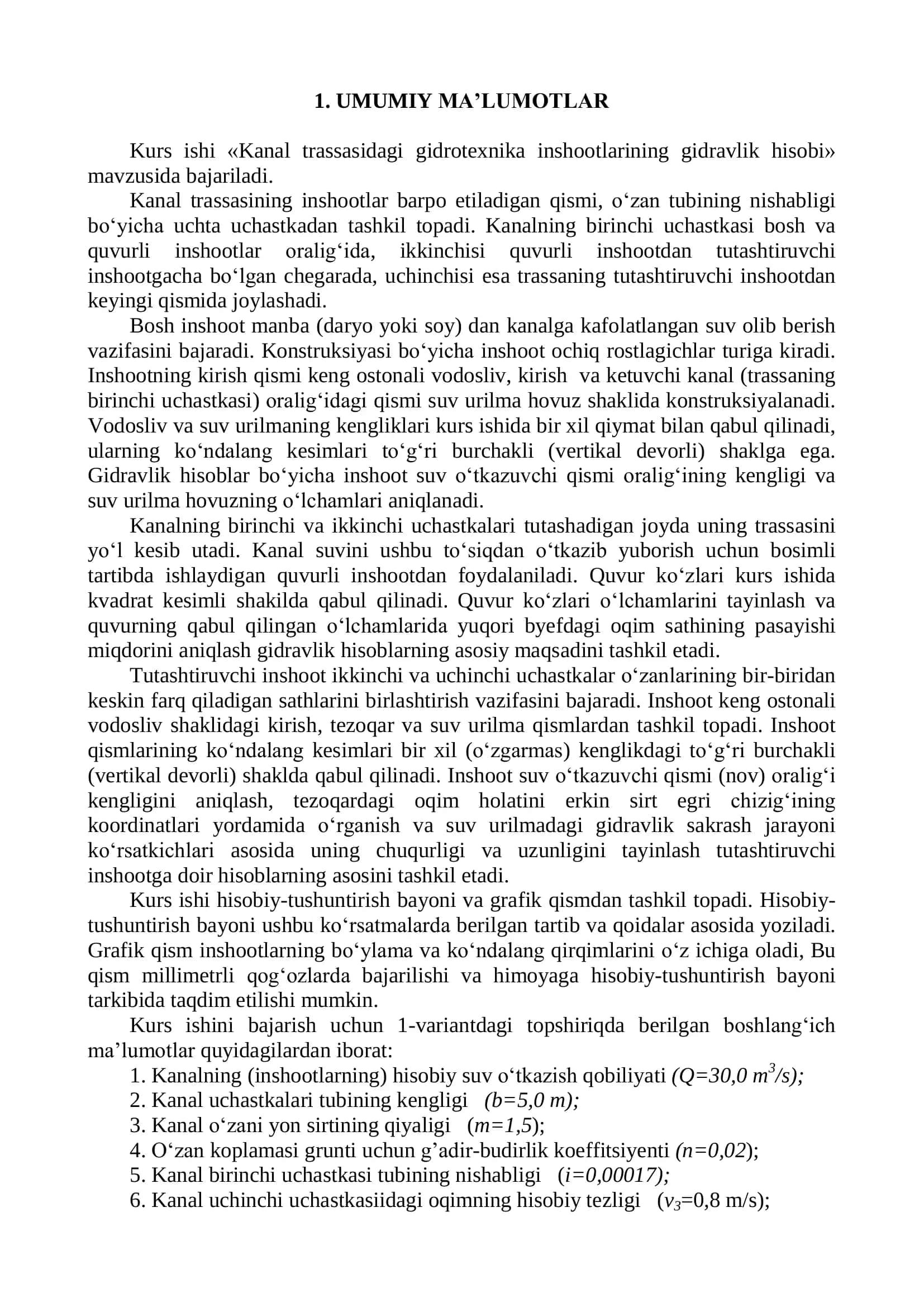 Kanal trassasidagi gidrotexnika inshootlarining gidravlik hisobi 2