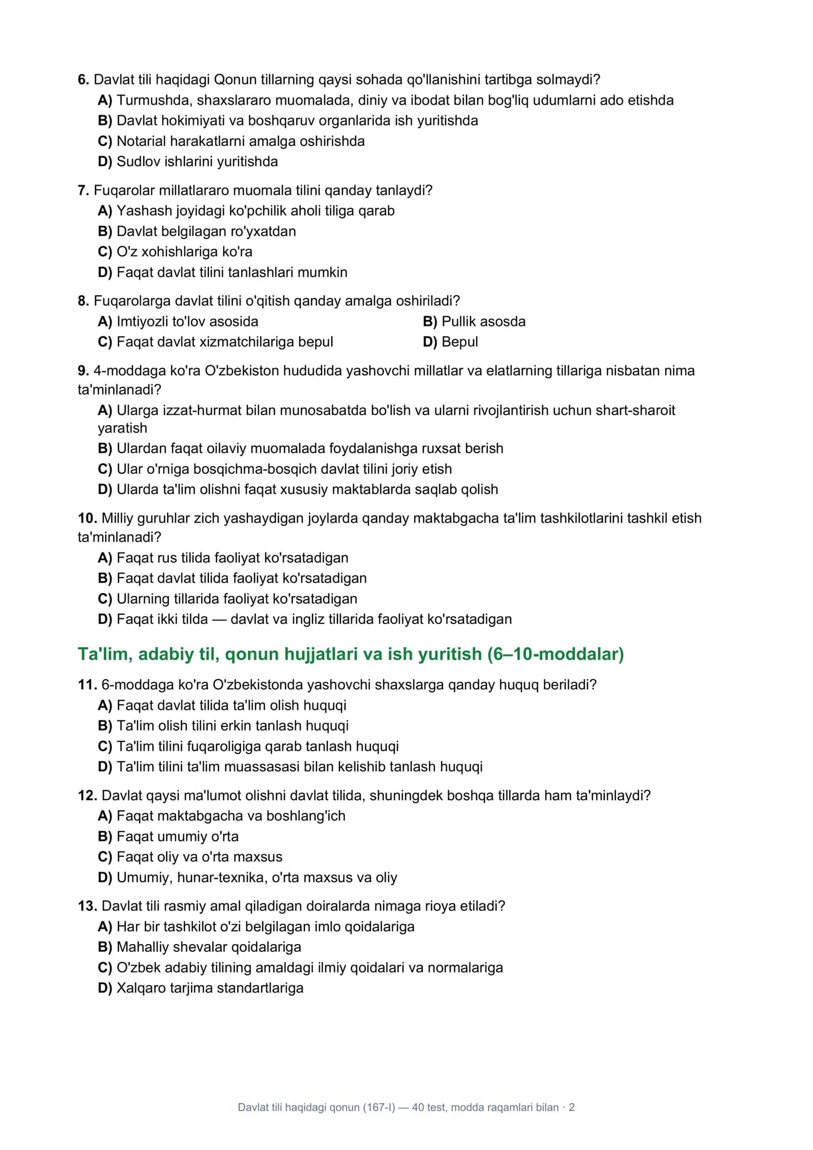 Davlat tili haqidagi qonun (167-I) — 40 test 2