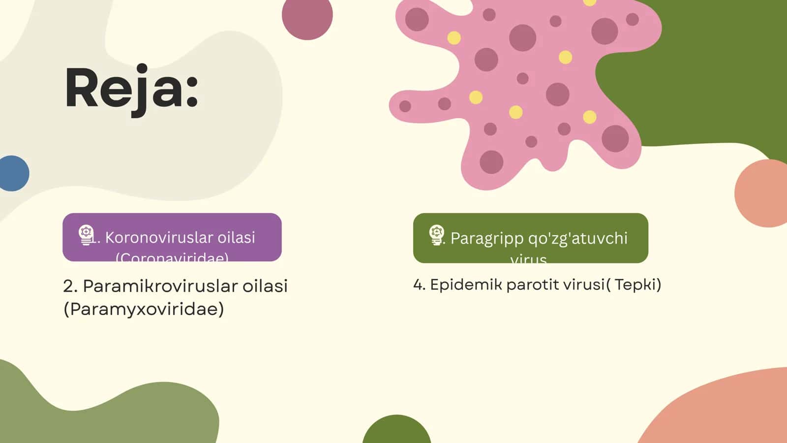RNK viruslari –odamda respirator kasallik keltirib chiqaruvchi viruslar: ortomiksoviruslar, paramiksovirusslar, koronoviruslar. Umumiy xususiyatlari. Inson patologiyasidagi roli. Mikrobiologik diagnostika. Maxsus profilaktikasi. (Laboratoriya mashg‘ulotlari) 2