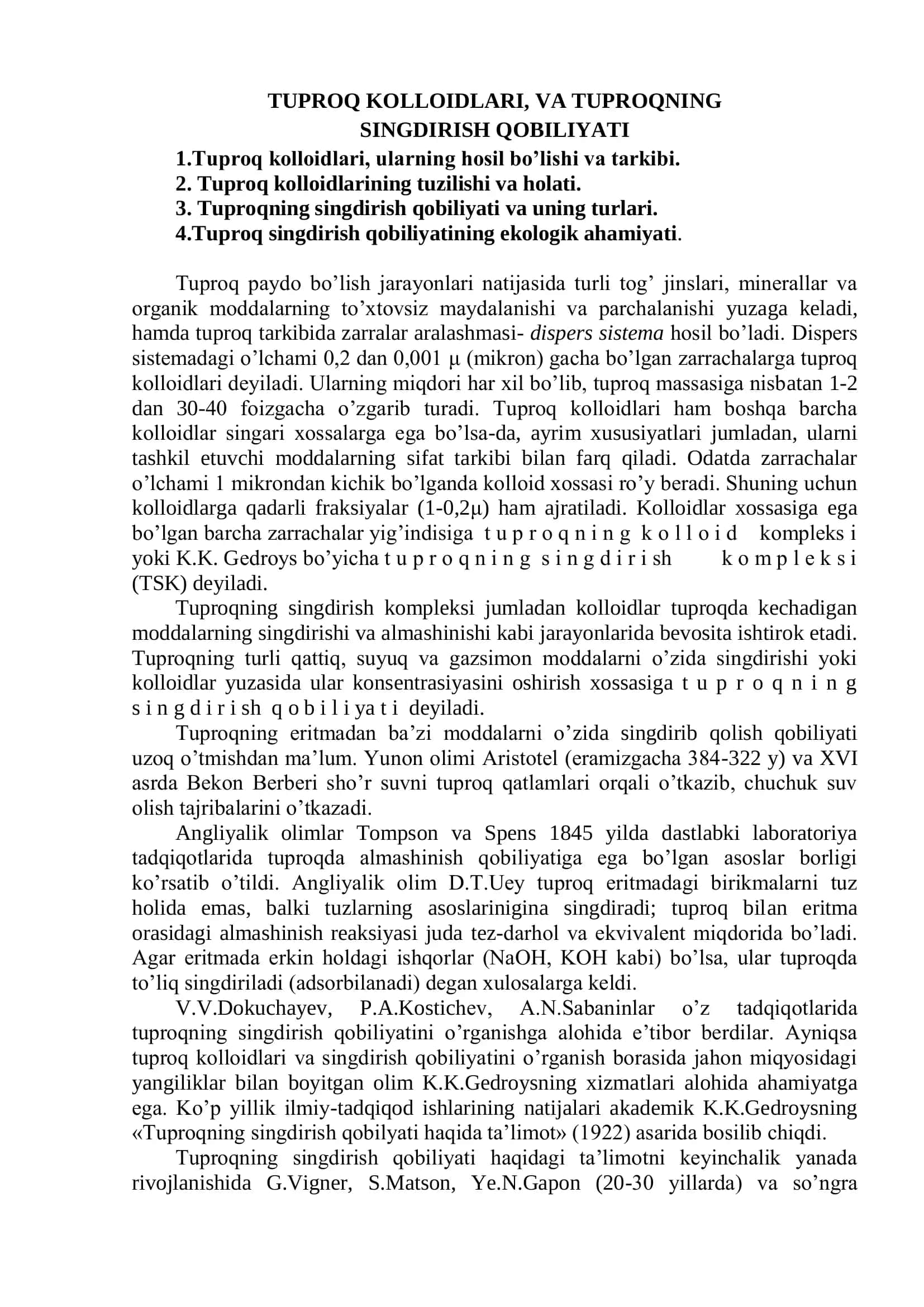 TUPROQ KOLLOIDLARI, VA TUPROQNING SINGDIRISH QOBILIYATI 2
