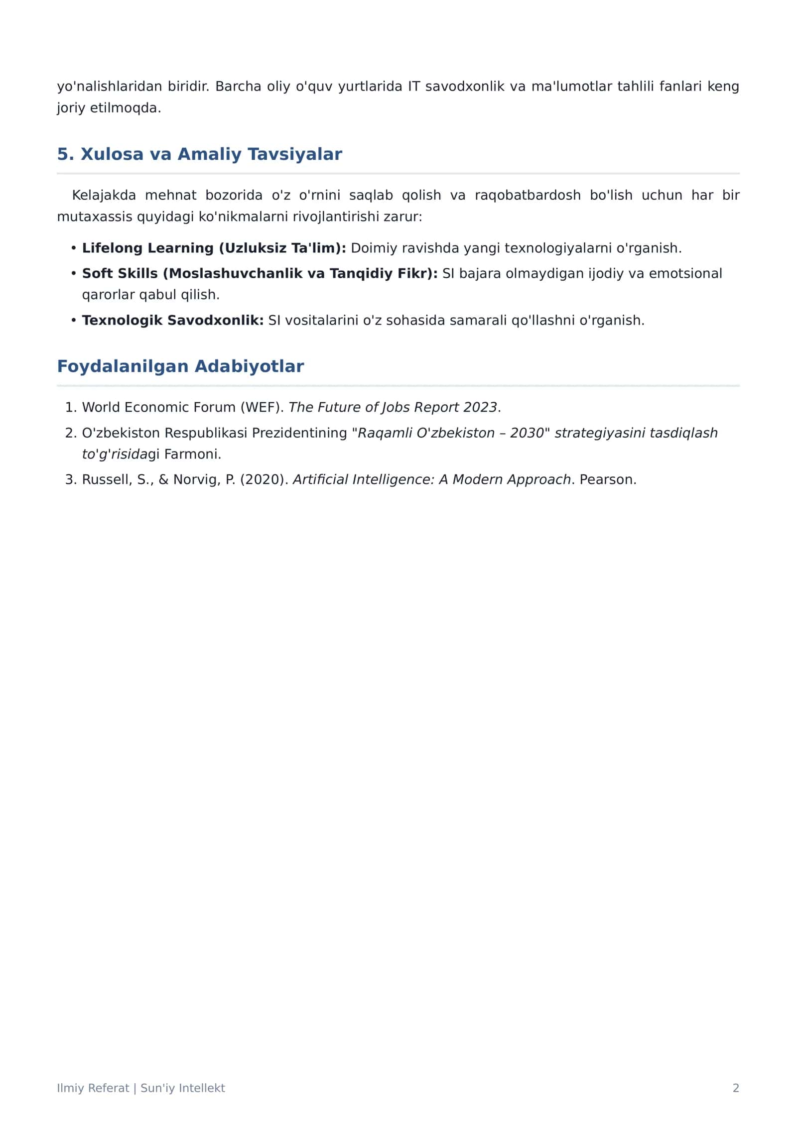 Sun'iy Intellekt va Unik Kelajak Kasblariga Ta'siri (Ilmiy Referat) 2
