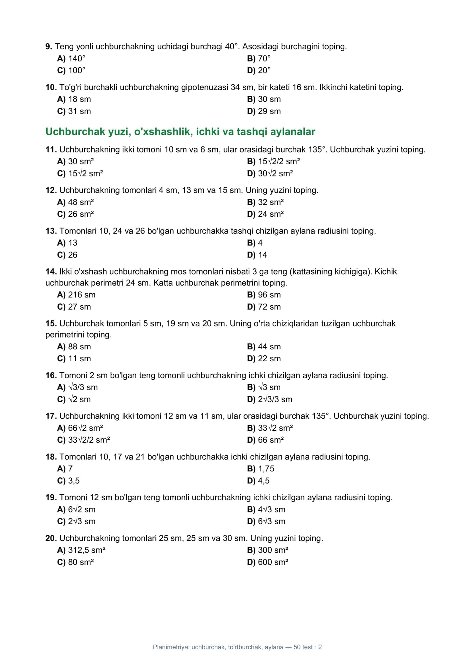 Planimetriya: uchburchak, to'rtburchak, aylana — 50 test · 1 2