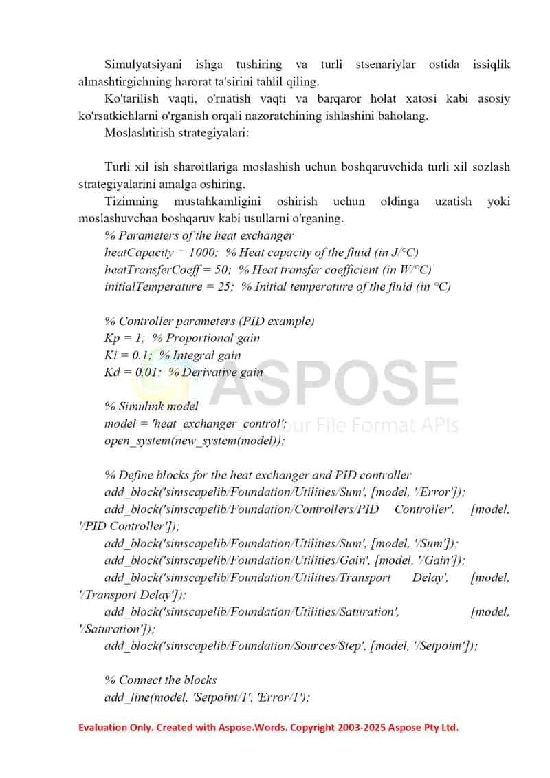 Heat Exchanger Temperature Control MATLAB Simulink modeli 2