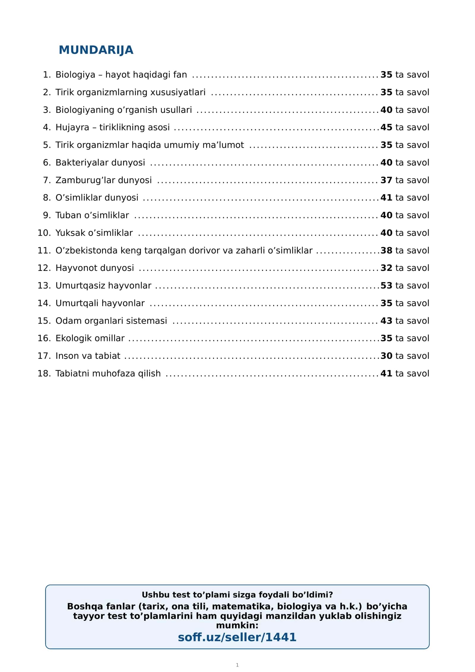 5-sinf Biologiya fanidan mavzulashtirilgan test va savollar to'plami 2