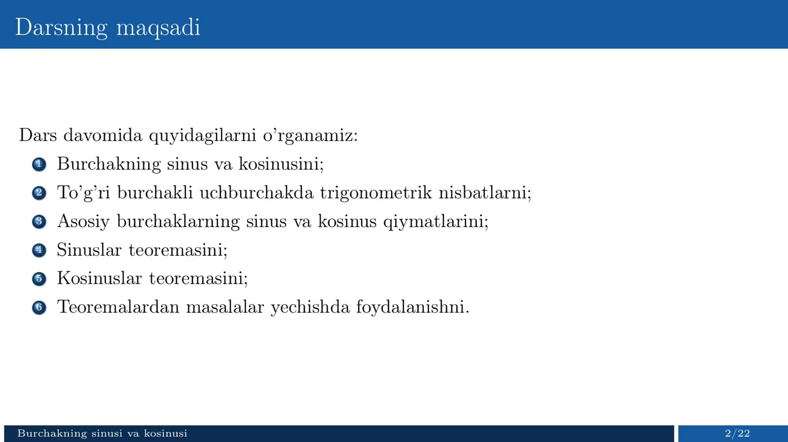 Burchakning sinusi, kosinusi. Sinuslar va kosinuslar teoremalari (Taqdimot) 2