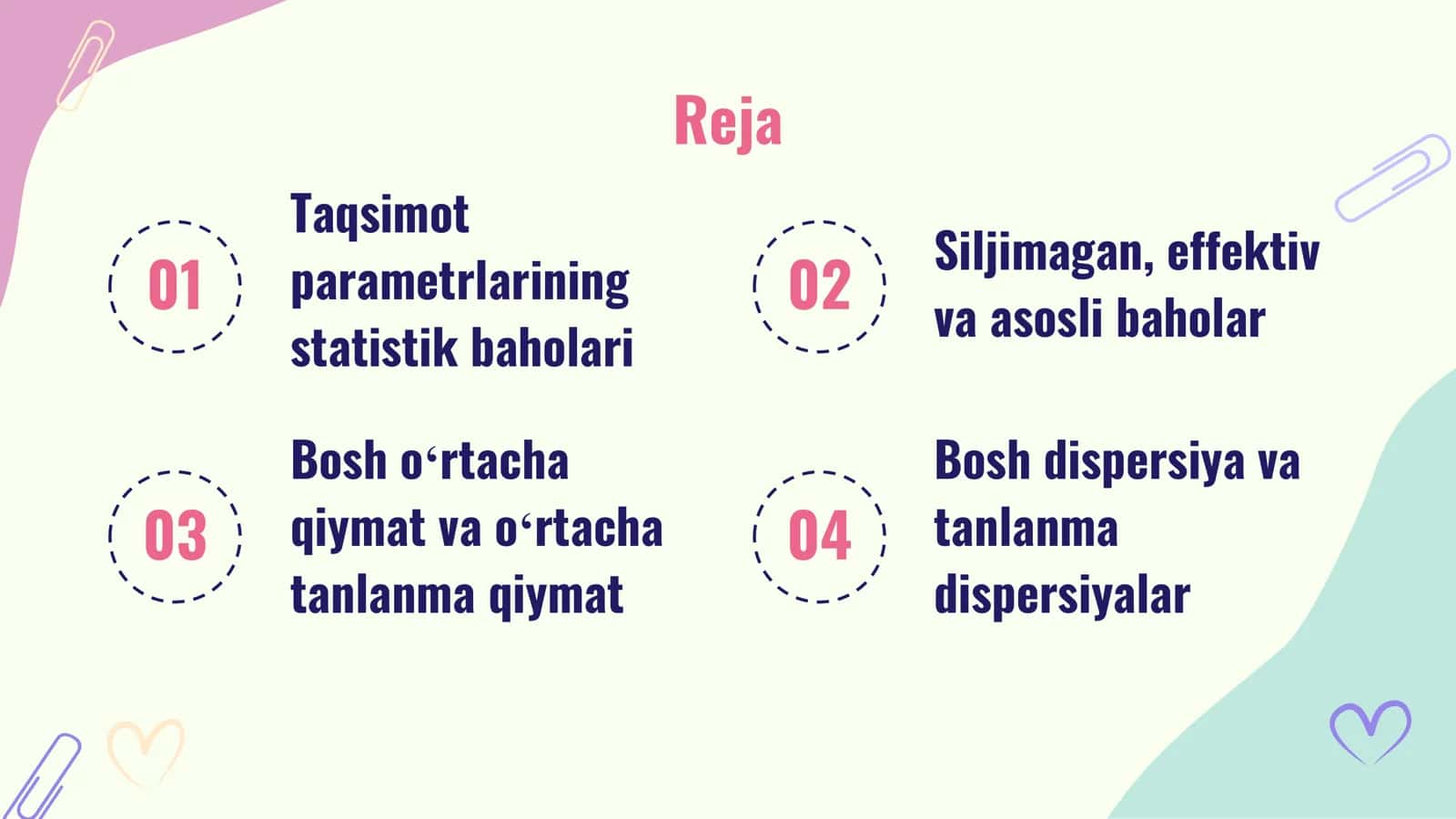 Statistik baho. Statistik bahoga qoʻyiladigan talablar. O‘rtacha tanlanma qiymat va tanlanma dispersiya 2