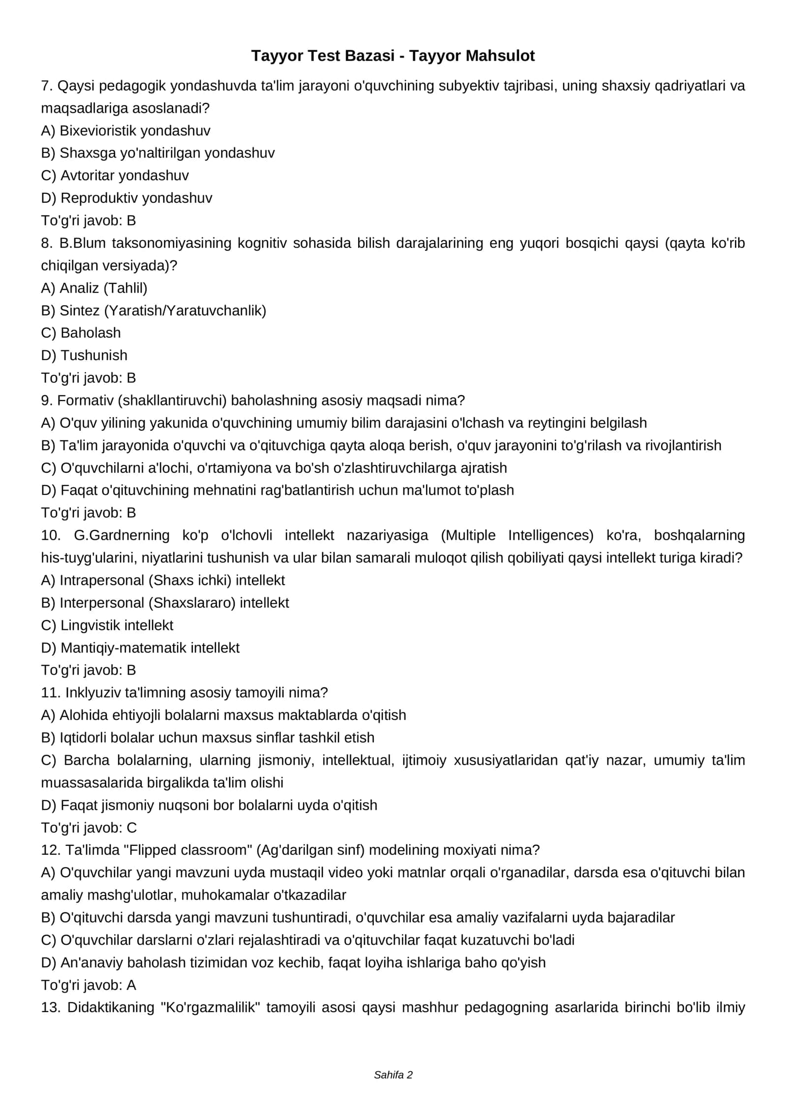 Pedagog sertifikati testlari (100 ta o'ta qiyin savol) 2