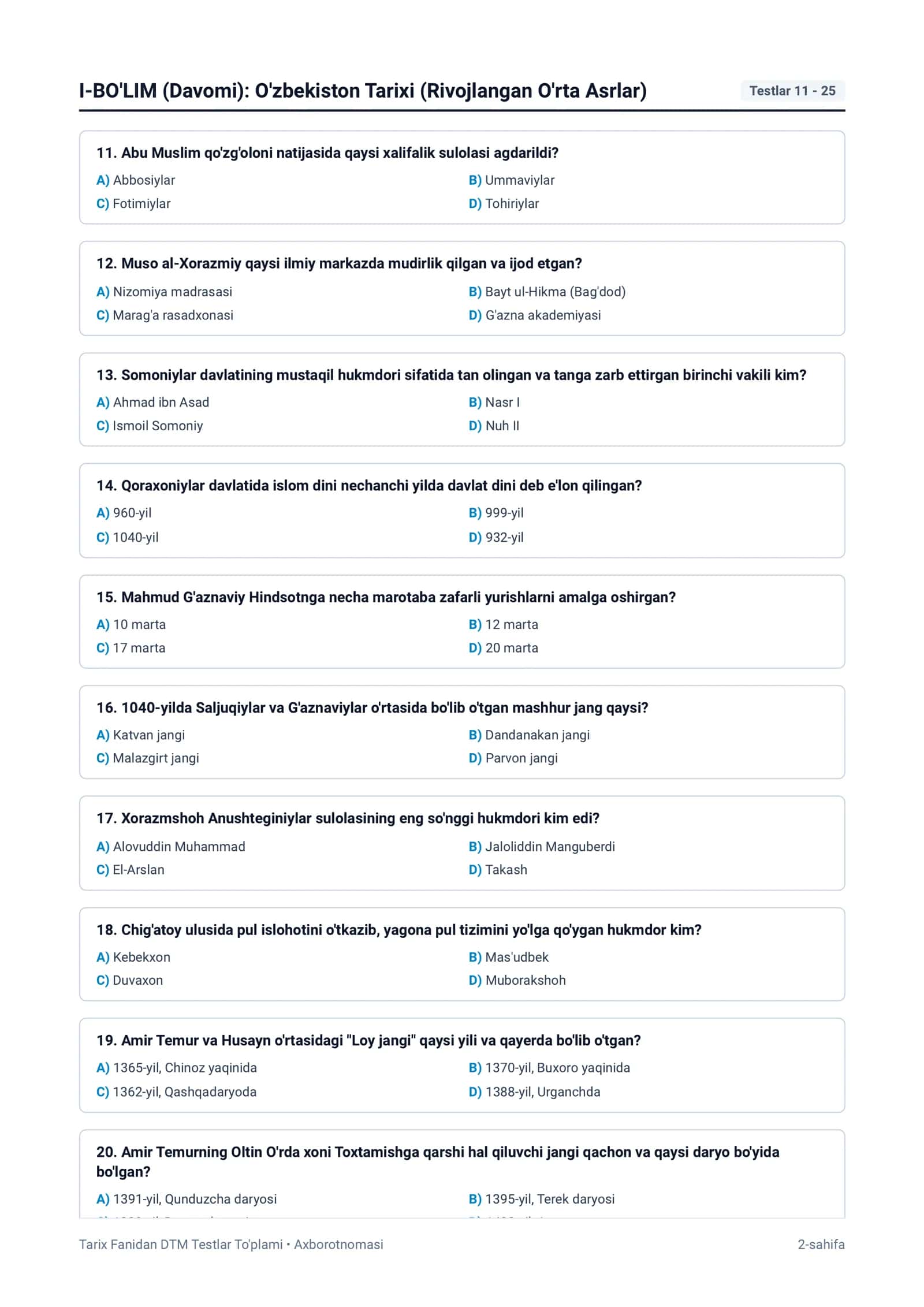 TARIX FANIDAN DTM TESTLAR TO'PLAMI javoblari eng oxirida 2