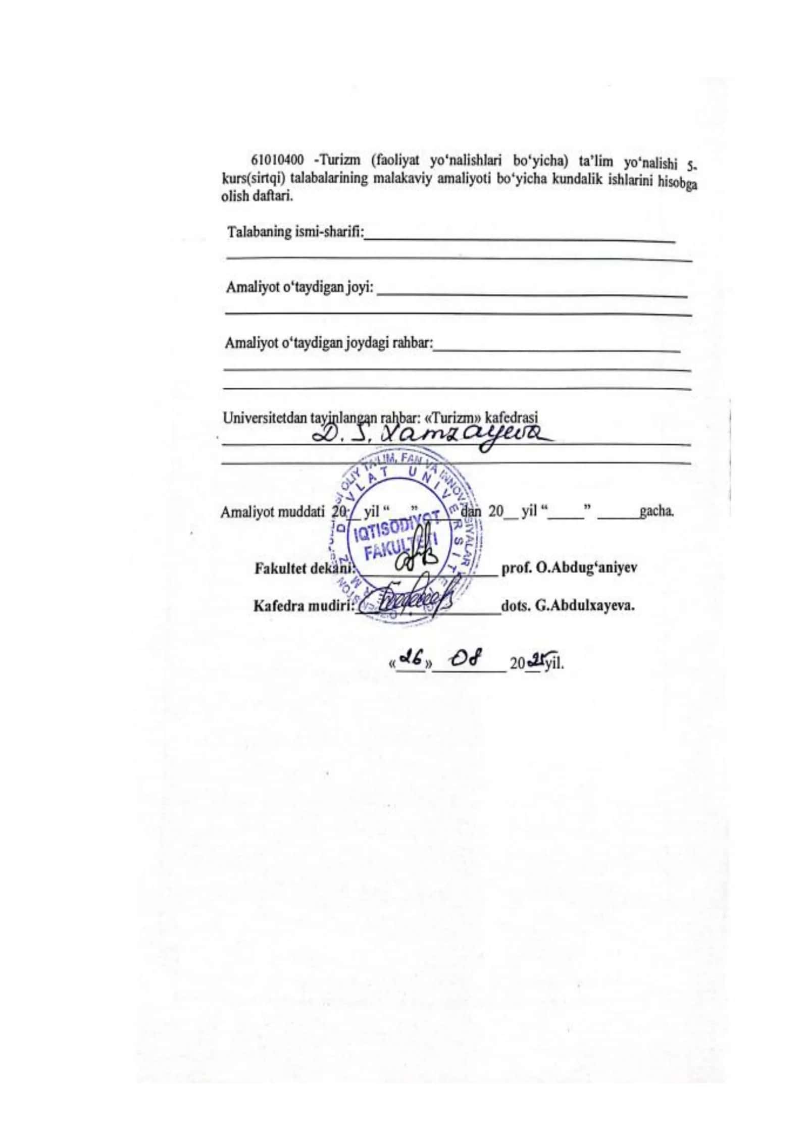 Turizm kafedrasi Malakaviy Amaliyot Kundalik Daftari 2