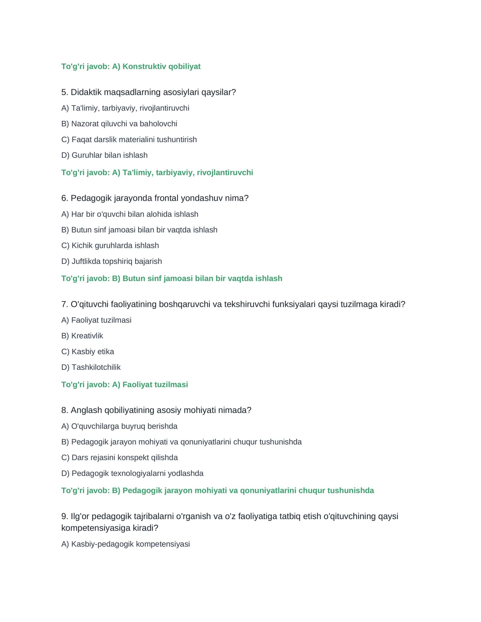 PEDAGOGLAR UCHUN ATTESTATSIYA TESTLARI 2