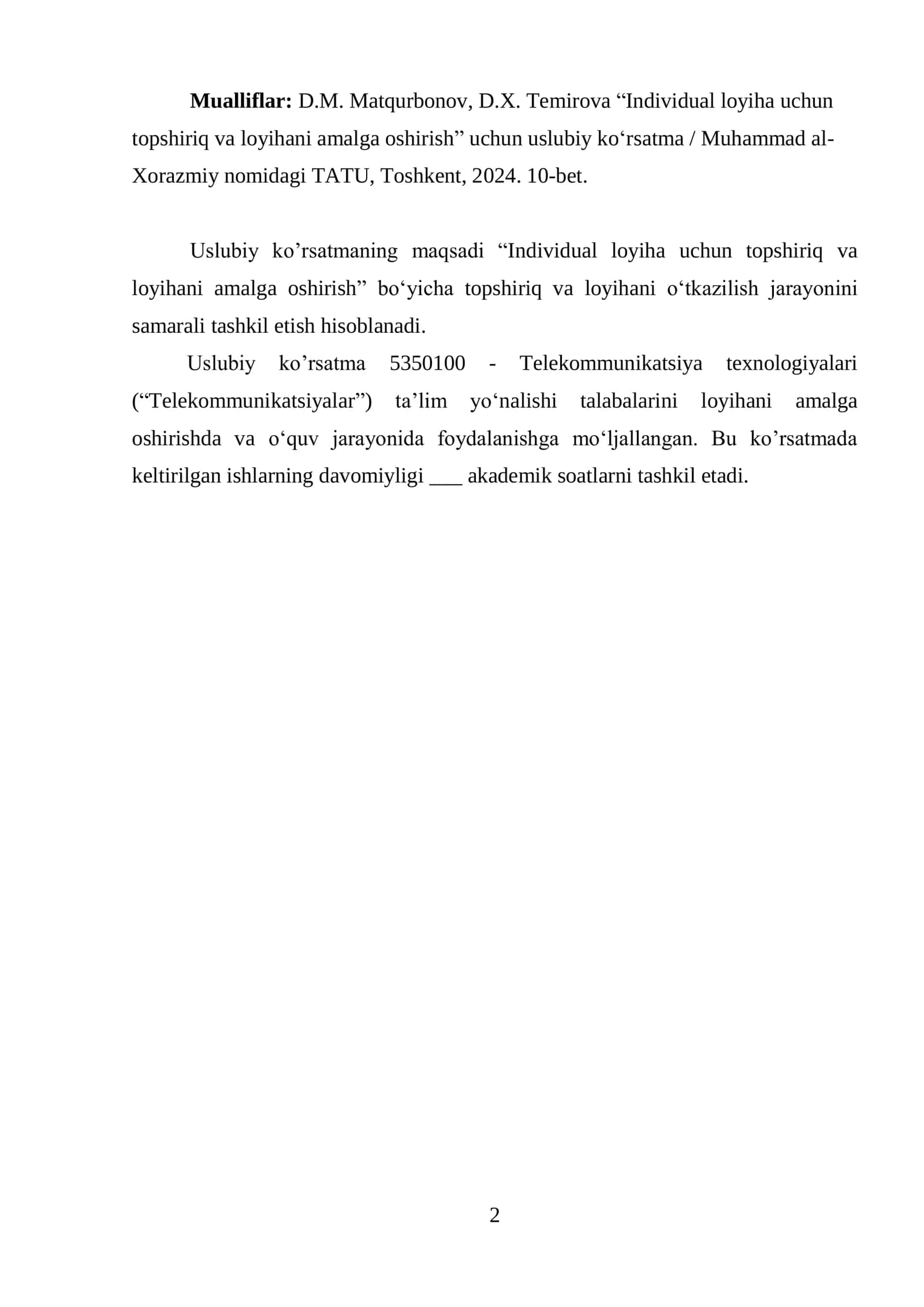 Individual loyiha uchun topshiriq va loyihani amalga oshirish 2