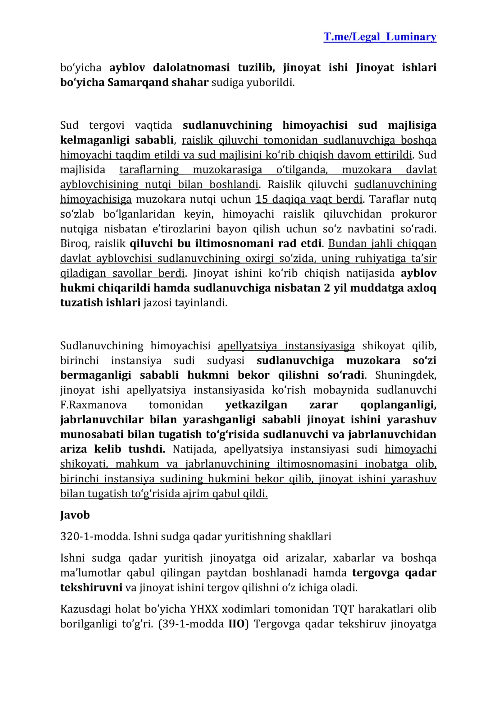 Jinoyat protsessual huquqidan yakuniy nazorat imtihoni kazuslar javoblari 2026 yil 2
