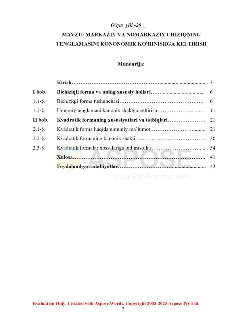 Markaziy va nomarkaziy chiziqning tenglamasini kononomik ko'rinishga keltirish 2