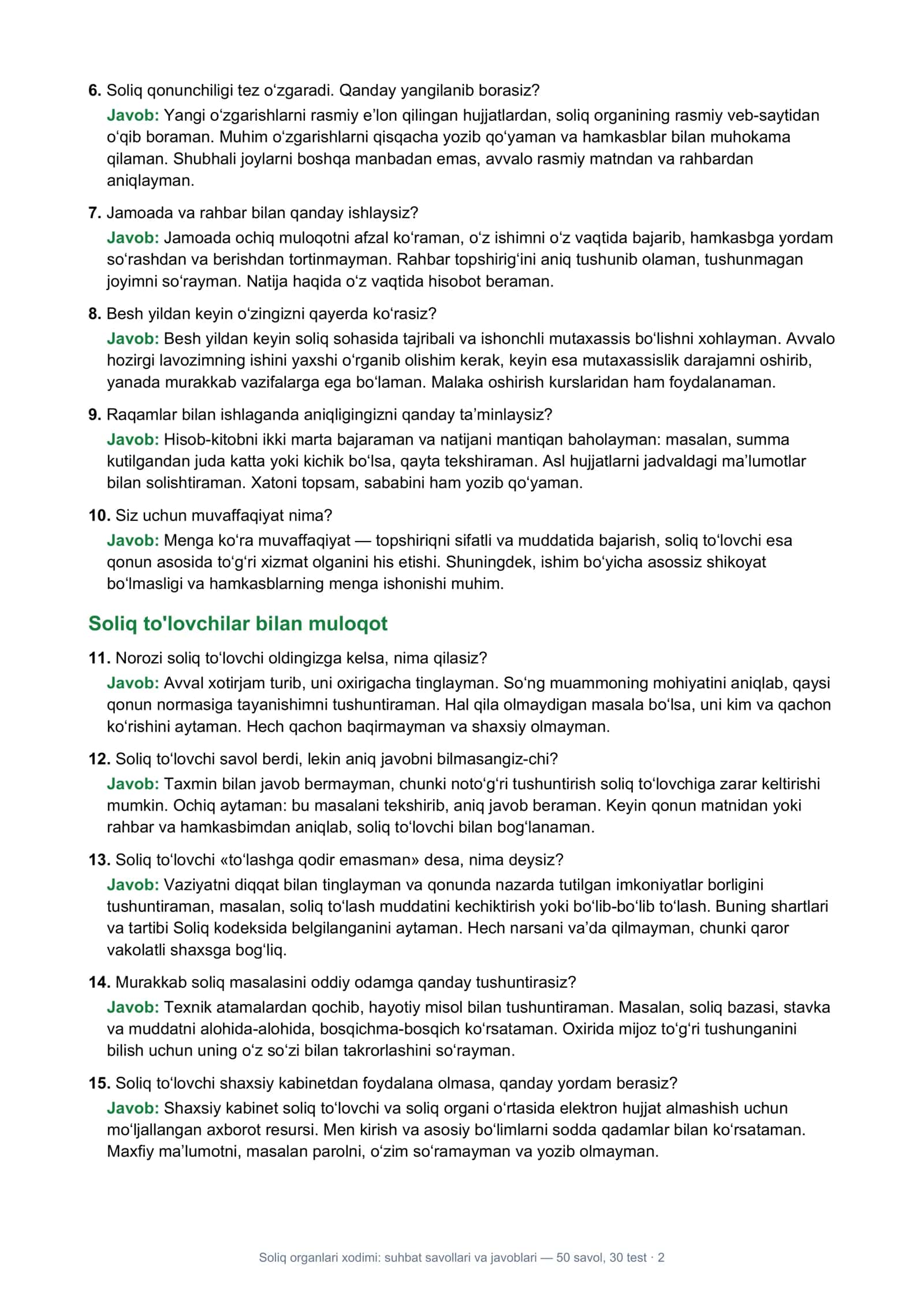 Soliq organlari xodimi: suhbat savollari va javoblari 2