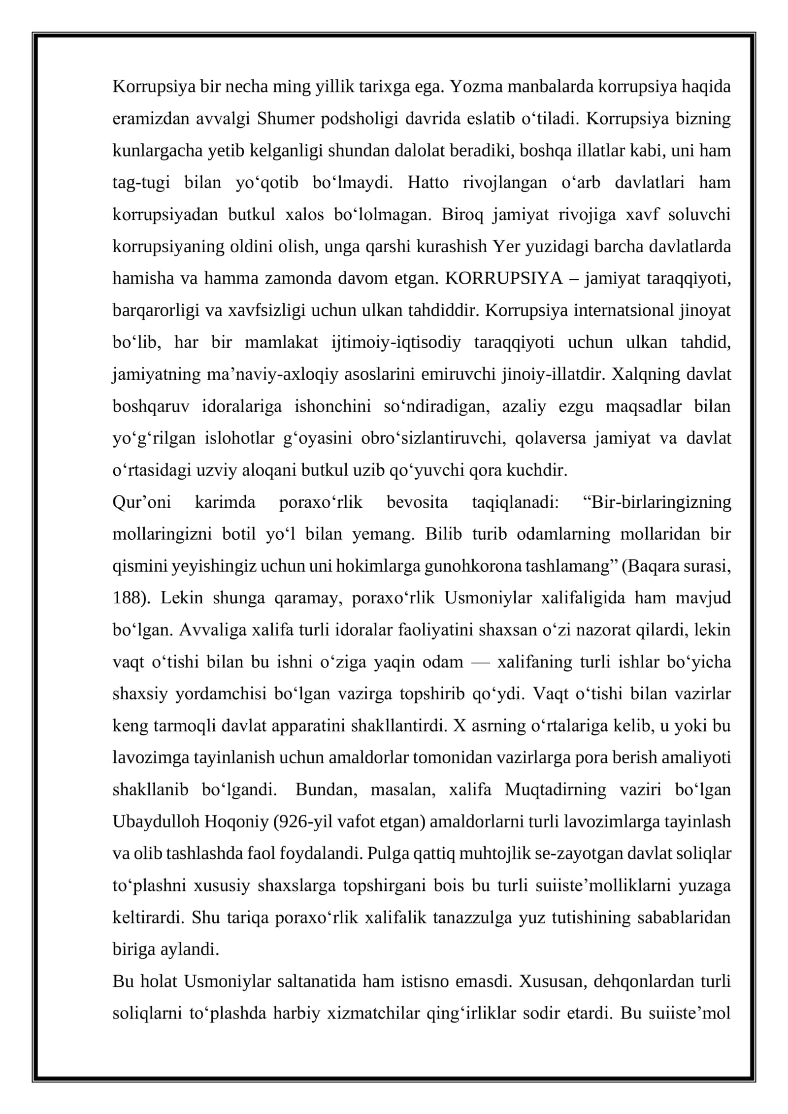 O'zbekistonda korrupsiyaga oid qonunlar va qarorlar tasnifi, korrupsiyaga qarshi kurashning ahamiyati 2