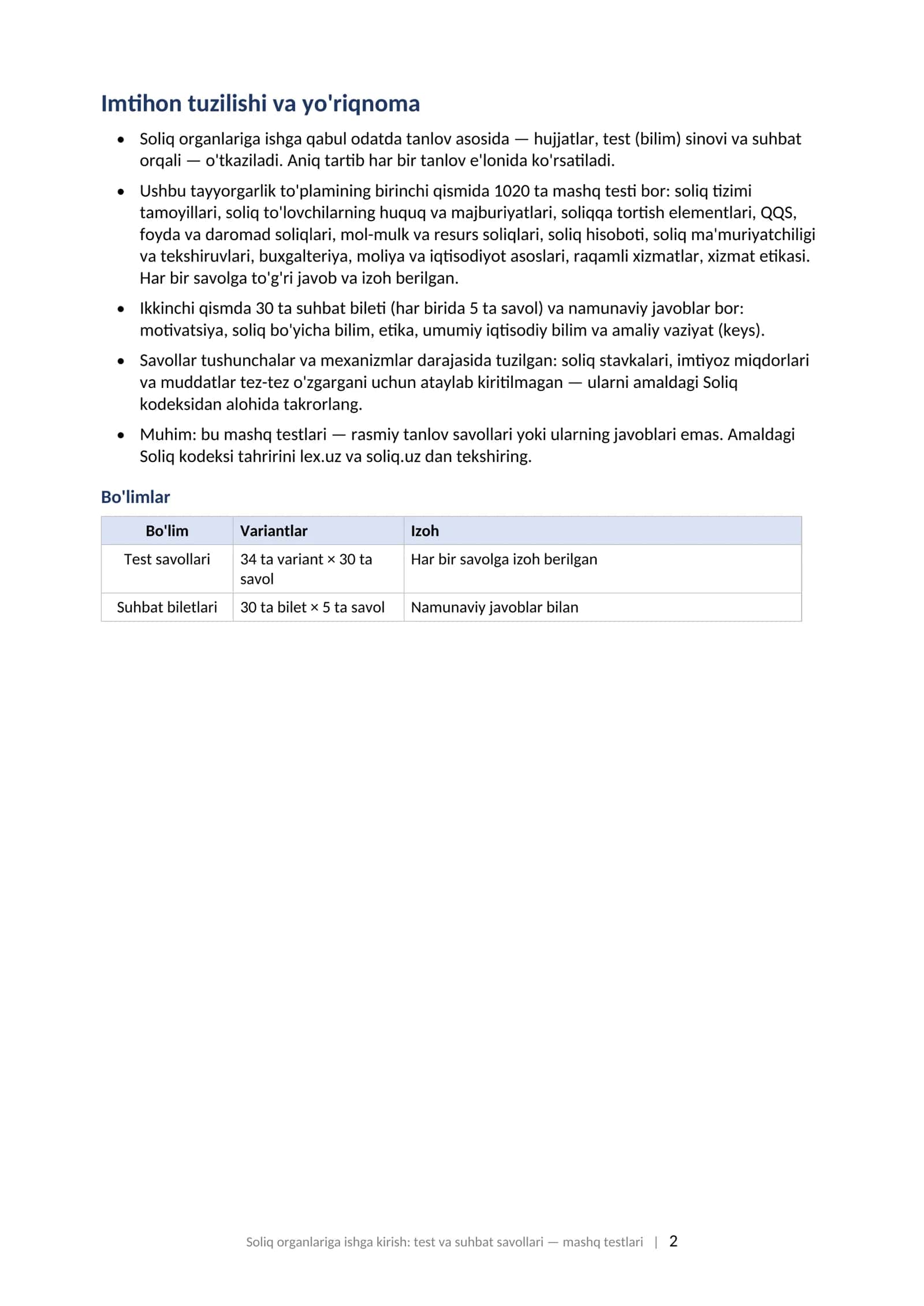 Soliq organlariga ishga kirish test savollari 2026 javoblari bilan va suhbat savollari tayyorgarlik toplami.  SOLIQ ORGANLARIGA ISHGA KIRISH: TEST VA SUHBAT SAVOLLARI Tayyorgarlik to'plami: 1020 ta mashq testi (javoblari va izohlari bilan) + 30 ta suhbat bileti namunaviy javoblari bilan, 2026 2