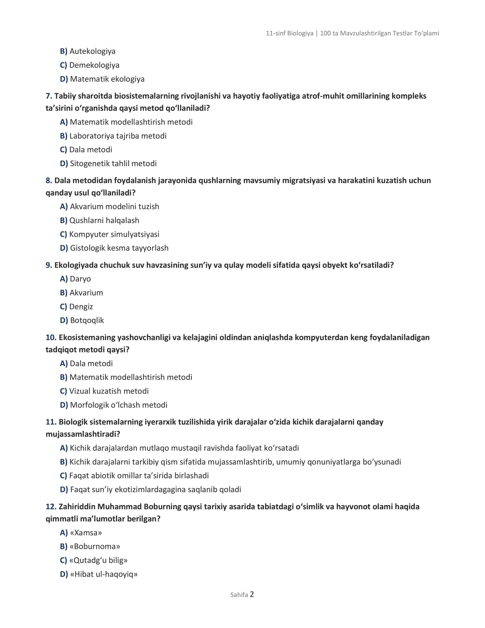 11-sinf Biologiya | 100 ta Mavzulashtirilgan Testlar To‘plami 2