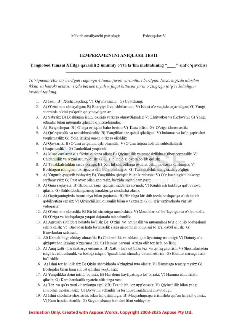 Temperament testi 2