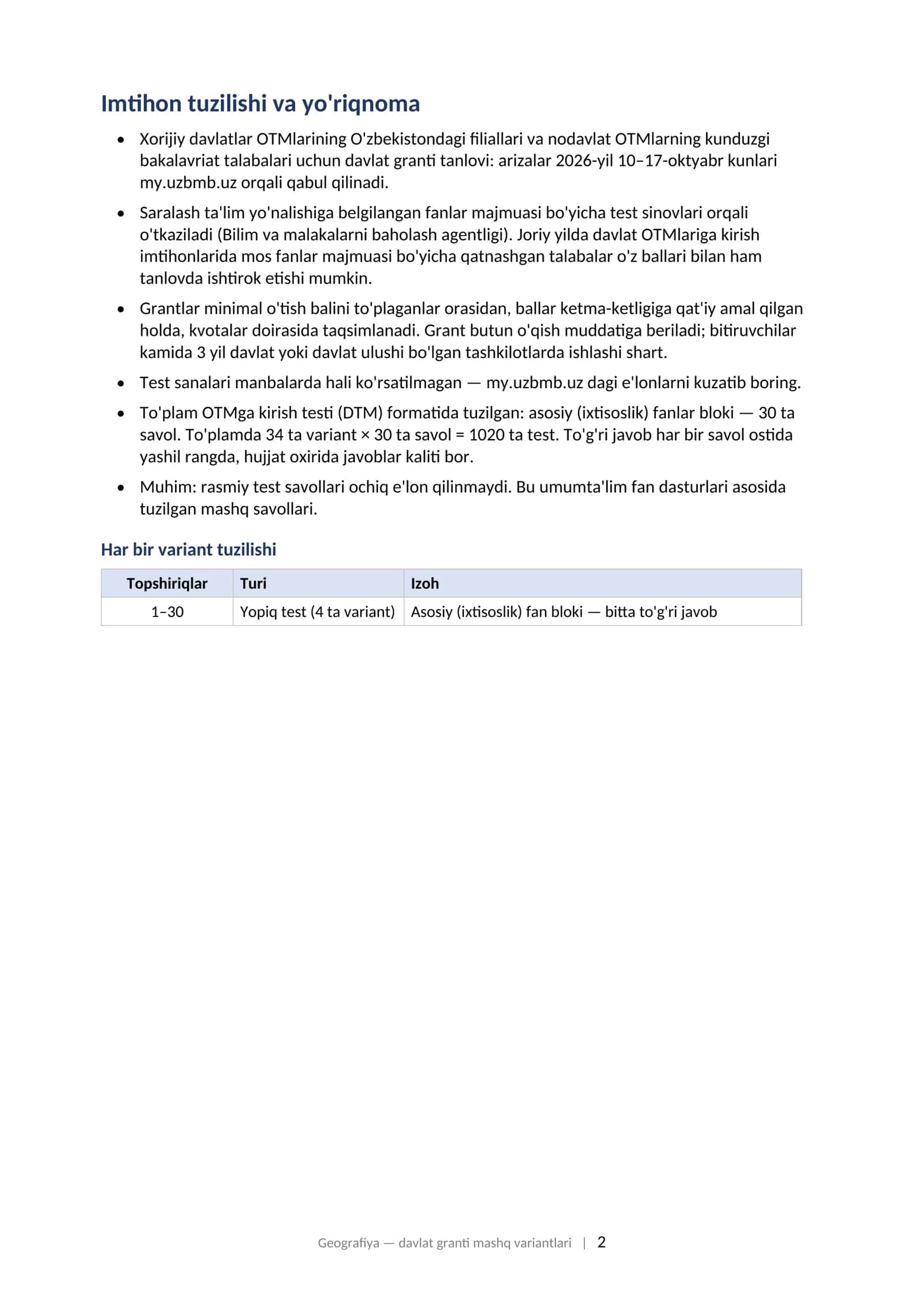 GEOGRAFIYA Xorijiy va nodavlat OTM talabalari uchun davlat granti tanlovi testiga tayyorgarlik (asosiy fan bloki, 2026–2027) 2
