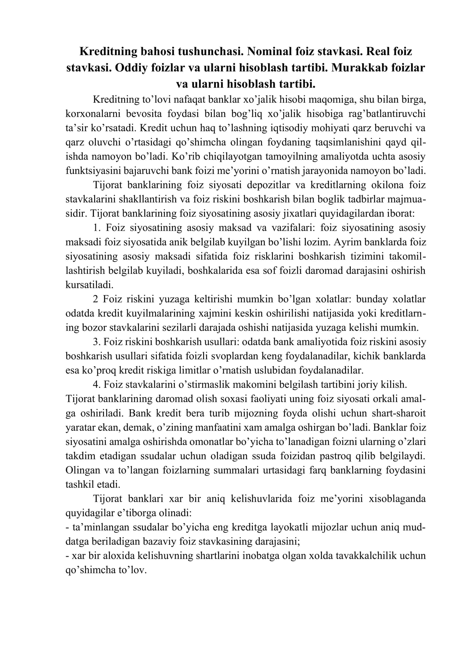 Kredit bo’yicha foiz stavkalar va unga ta’sir qiluvchi omillar 2