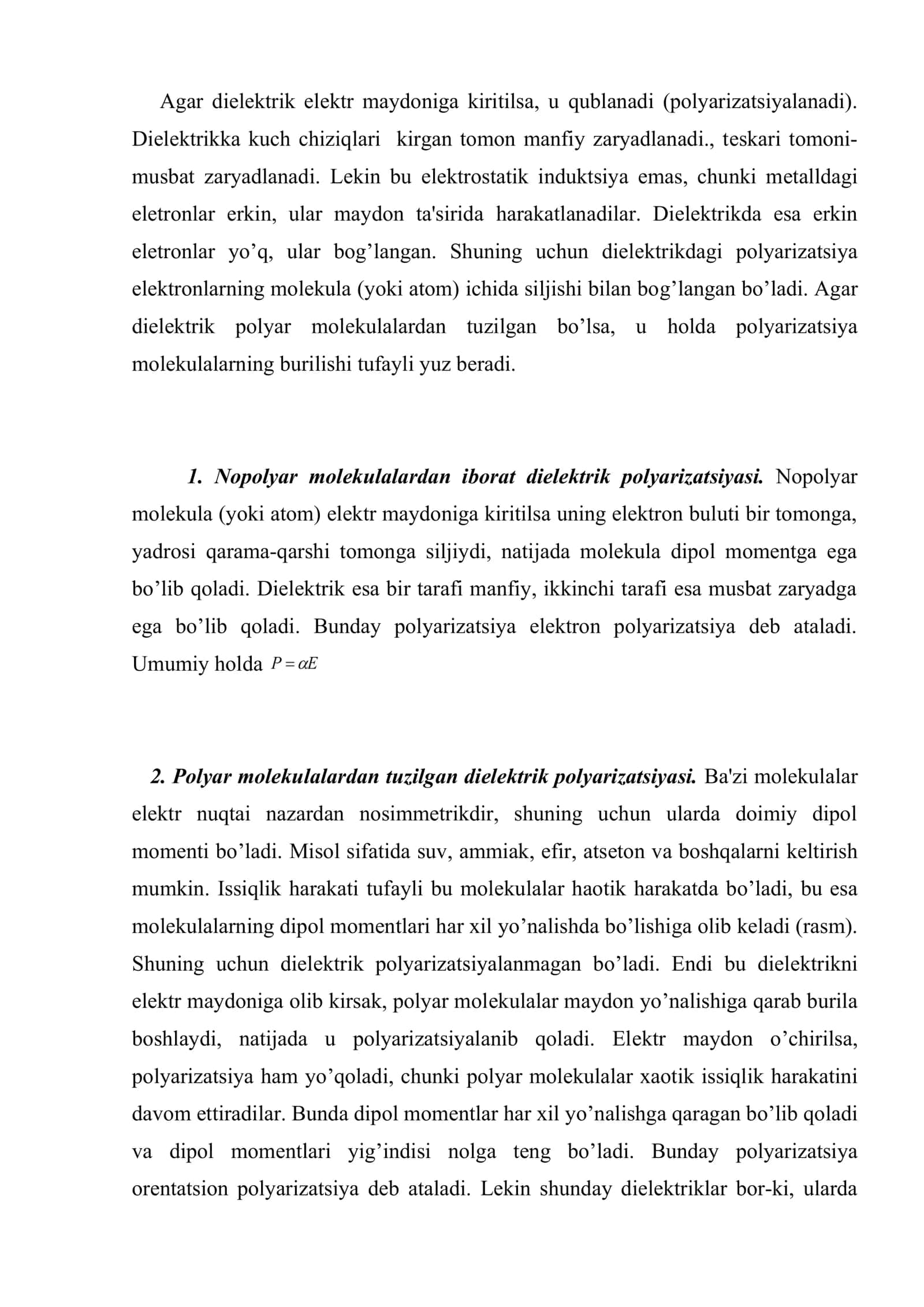 Elеktrostatik maydondagi dielеktrik. Elеktr maydonda dielеktriklar polyarizatsiyasi. Sеgnеtoelеktriklar 2