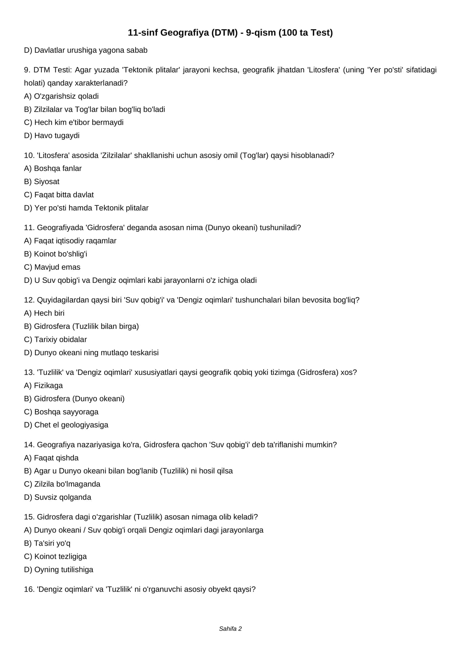 11-sinf Geografiya (DTM) - 9-qism (100 ta Test) 2