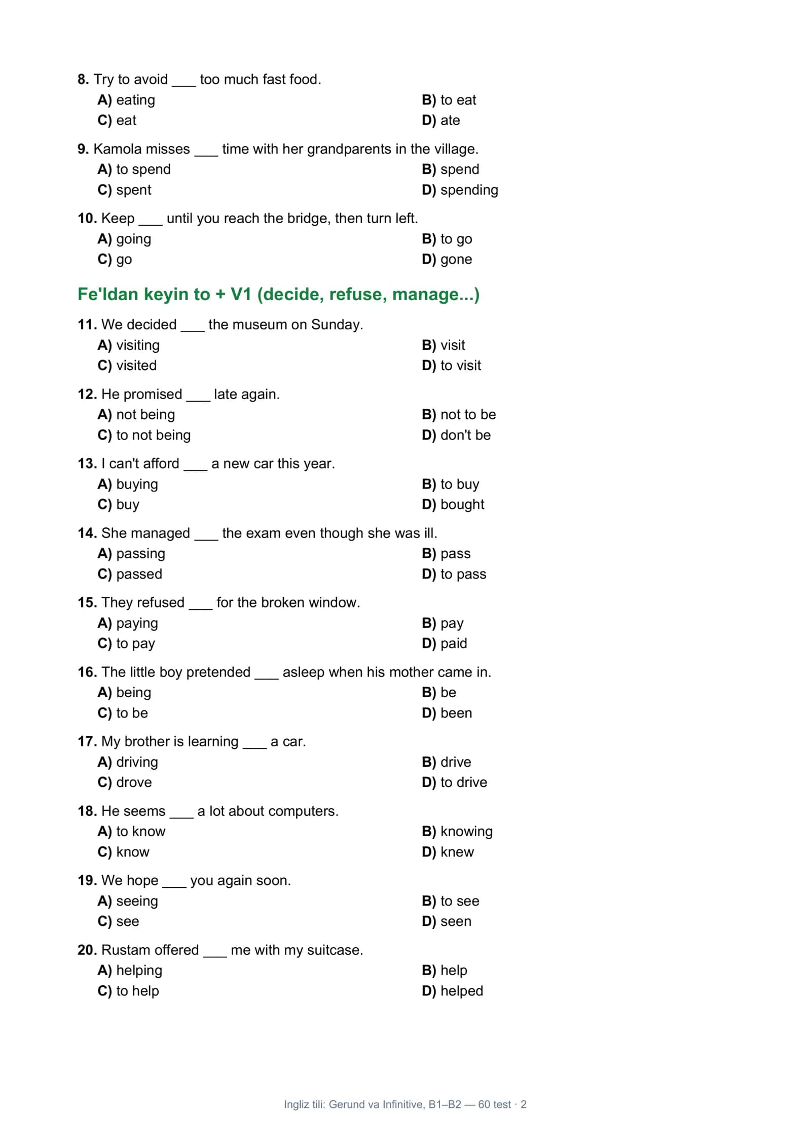 Ingliz tili: Gerund va Infinitive, B1–B2 2