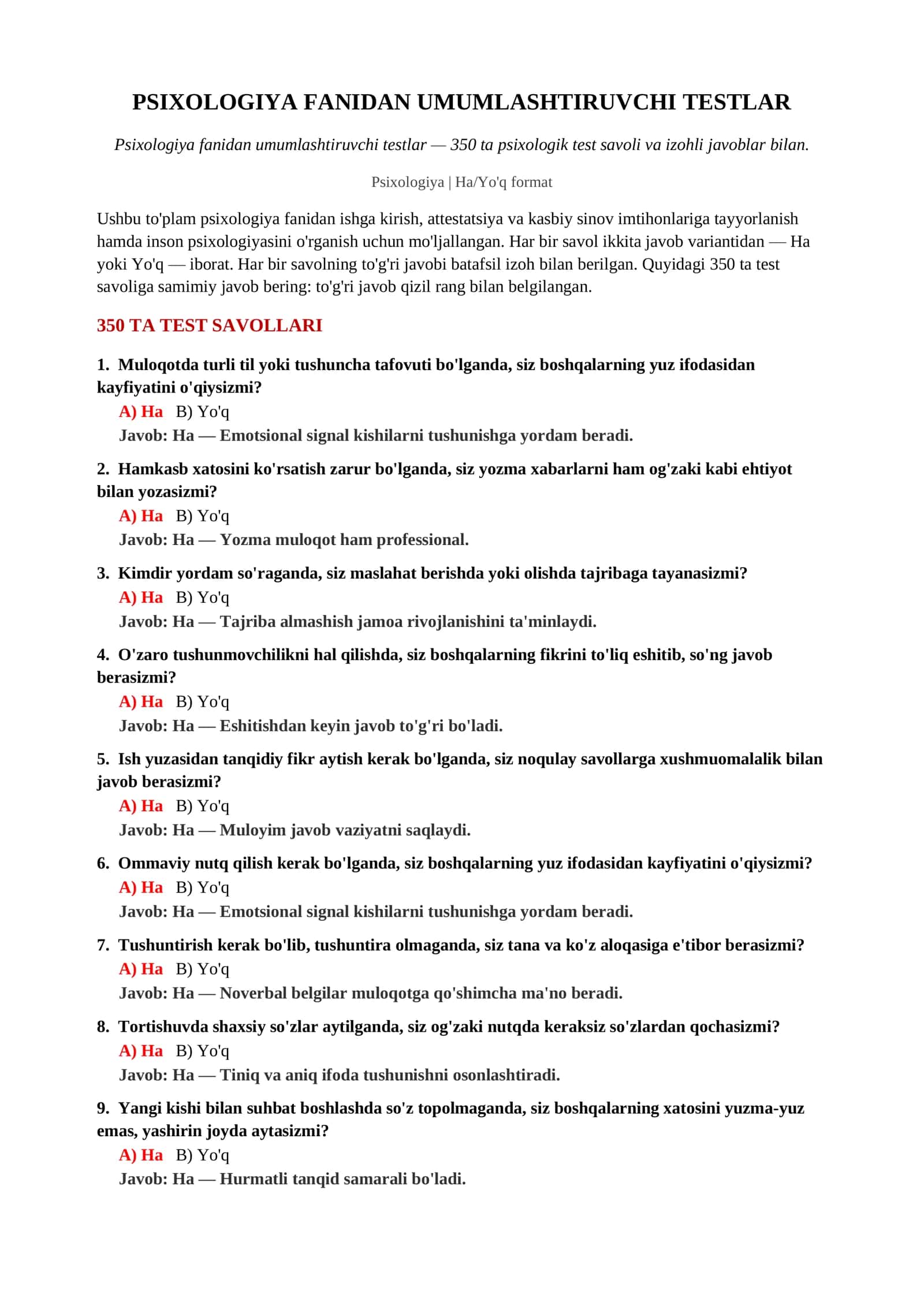 Psixologiya Fanidan Umumlashtiruvchi Testlar 2