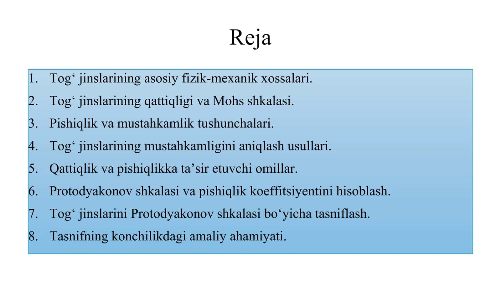 Tog‘ jinslarining qattiqligi, pishiqligi va ularni Protodyakonov shkalasi bo‘yicha tasniflash 2