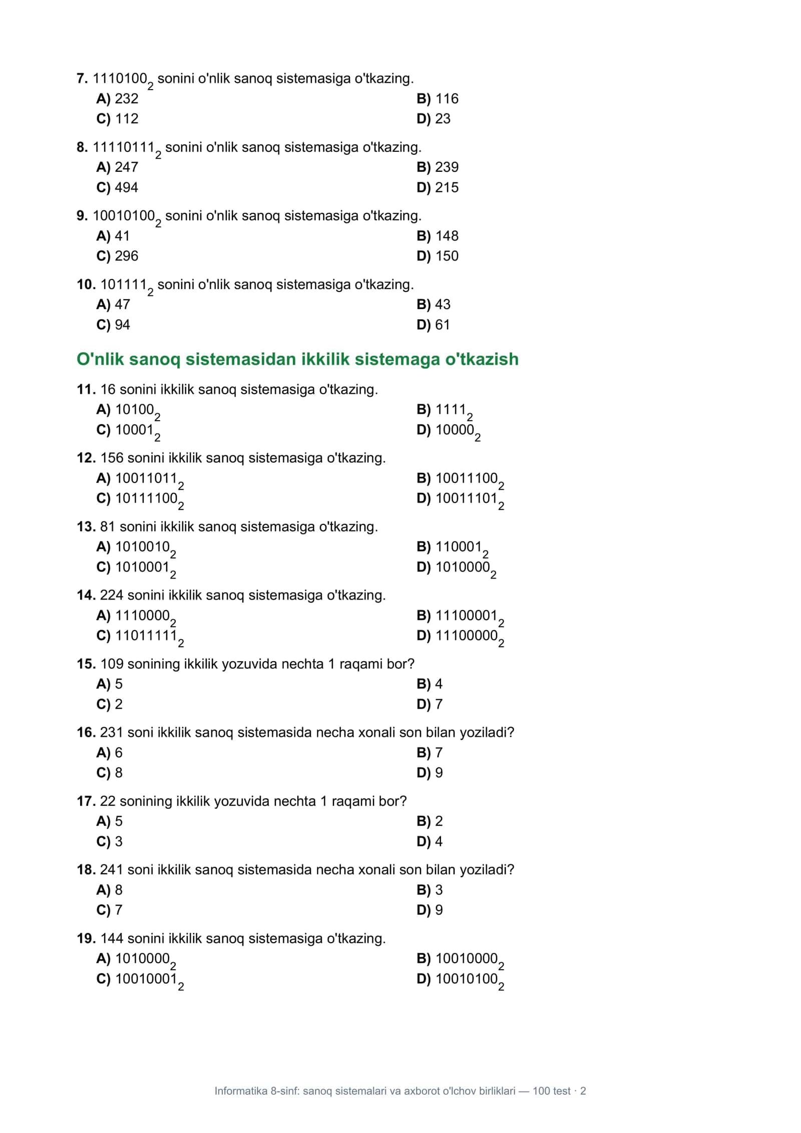Informatika 8-sinf: sanoq sistemalari va axborot o'lchov birliklari — 100 test 2