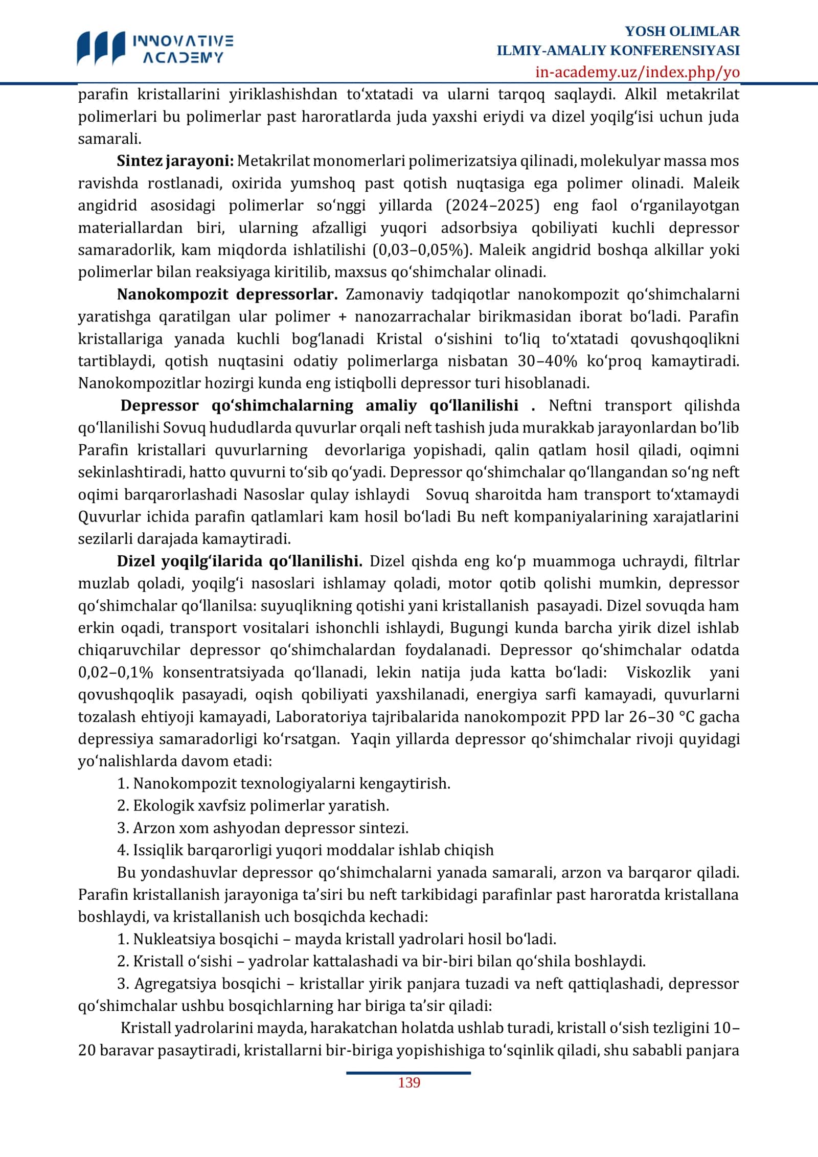 NEFT MAHSULOTLARIGA DEPRESSOR QO‘SHIMCHALAR SINTEZI VA TADBIQI 2