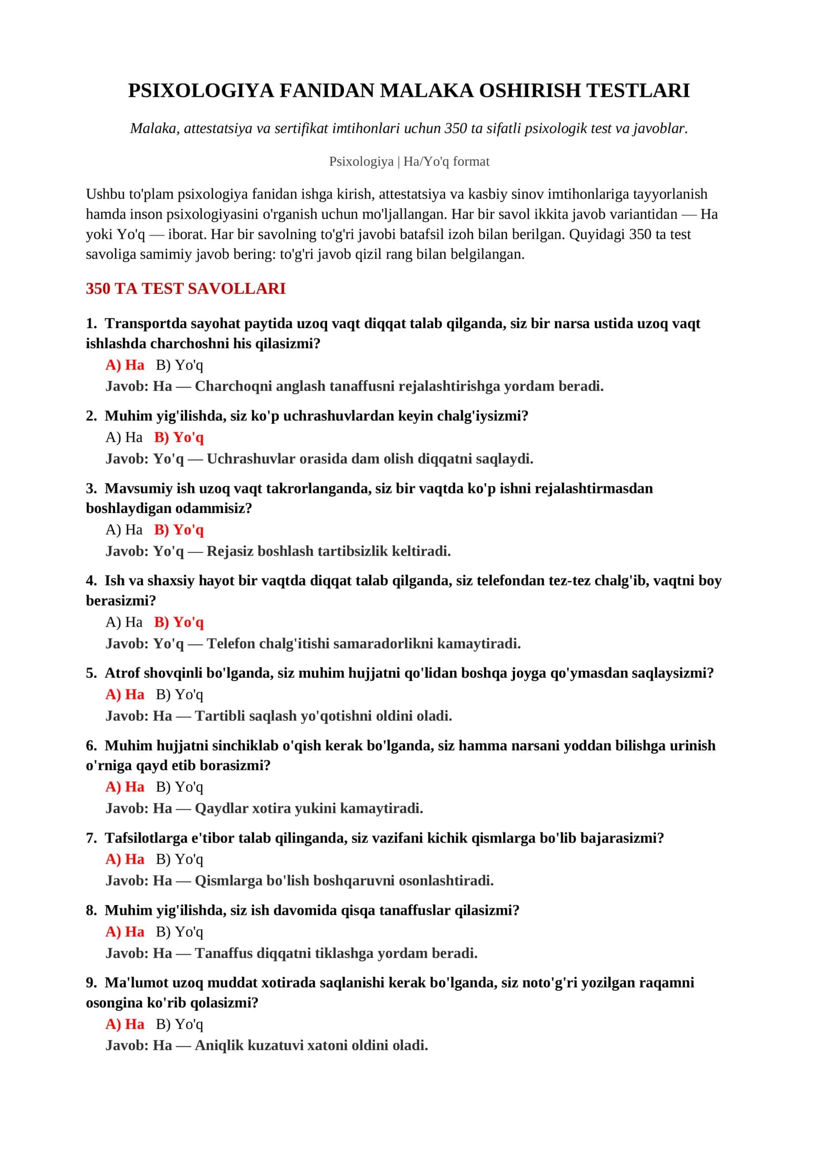PSIXOLOGIYA FANIDAN MALAKA OSHIRISH TESTLARI 2